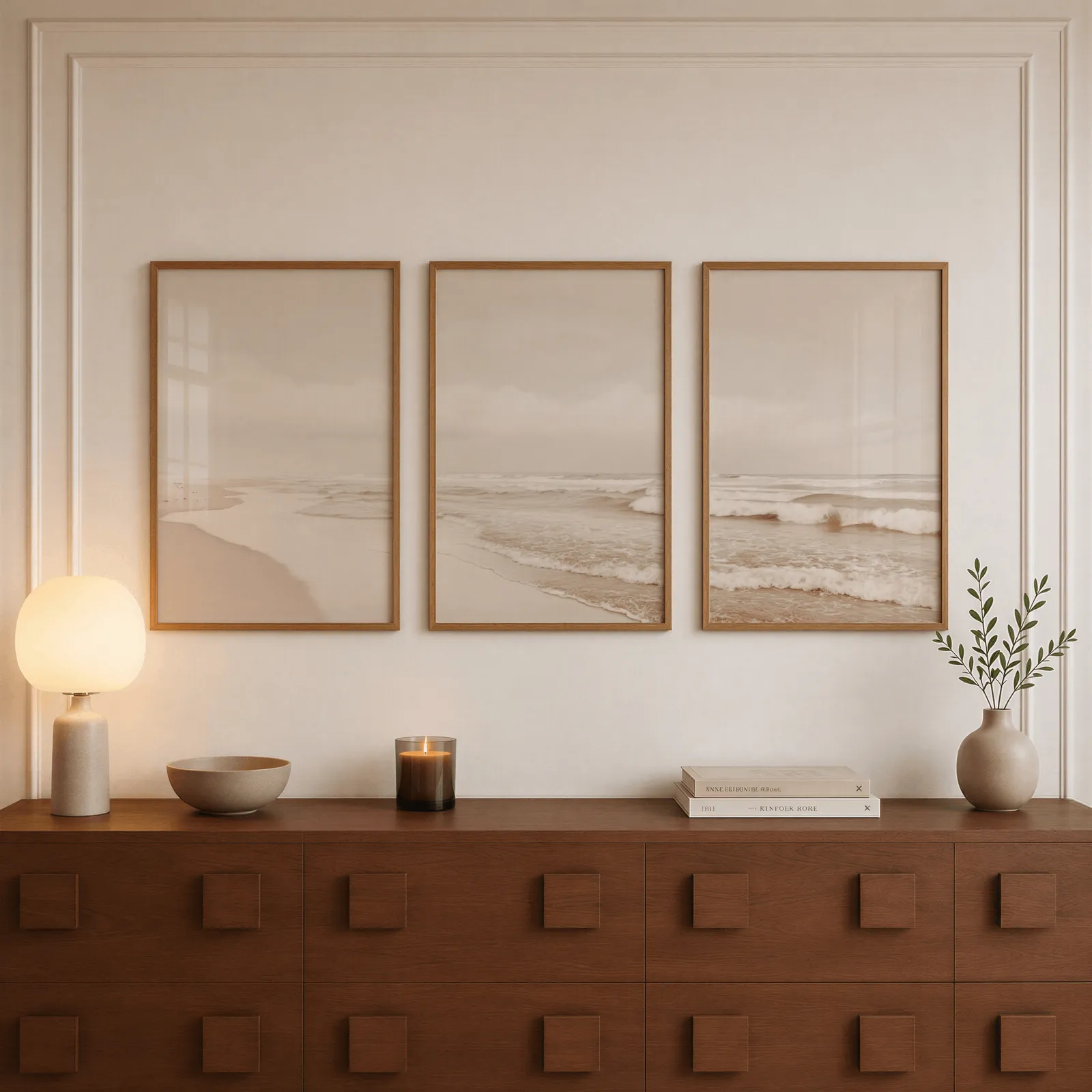 neutral coastal beach triptych wall art, above a walnut sideboard with a lit candle and glowing lamp