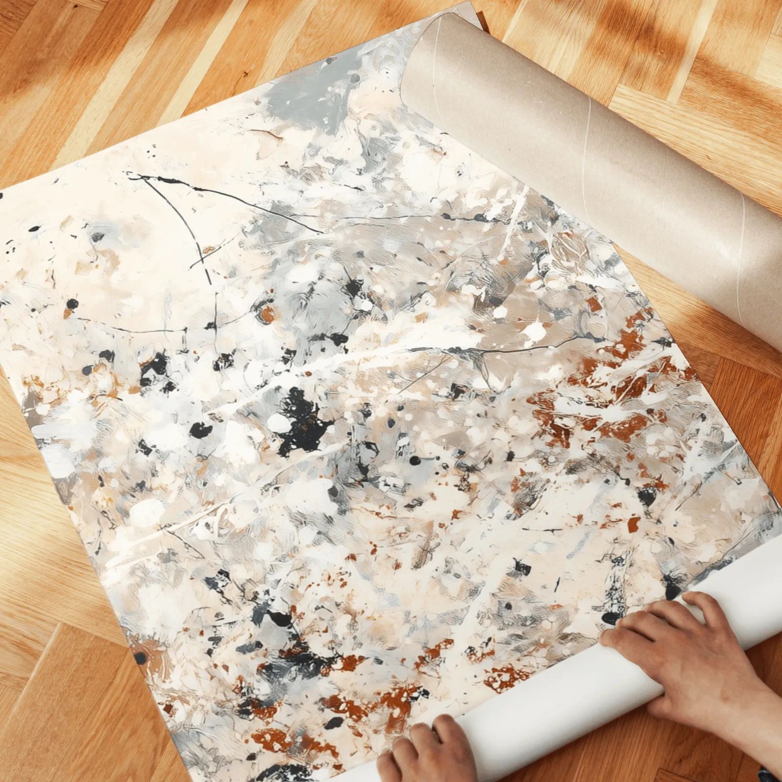 neutral abstract splatter wall art set of three, unrolled across a herringbone wood floor by hand