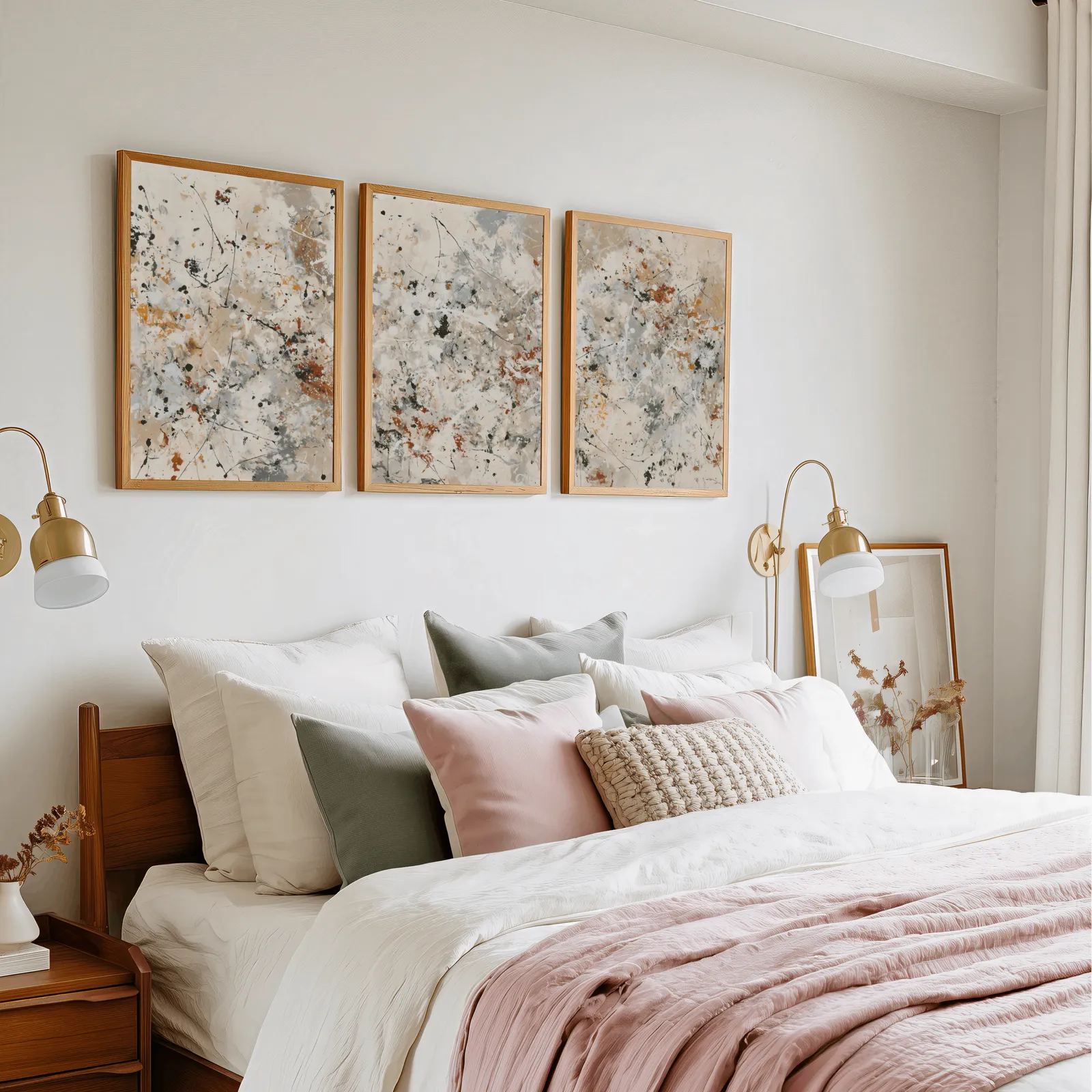 neutral abstract splatter wall art set of three, in a row above a pink and cream bed with brass sconces