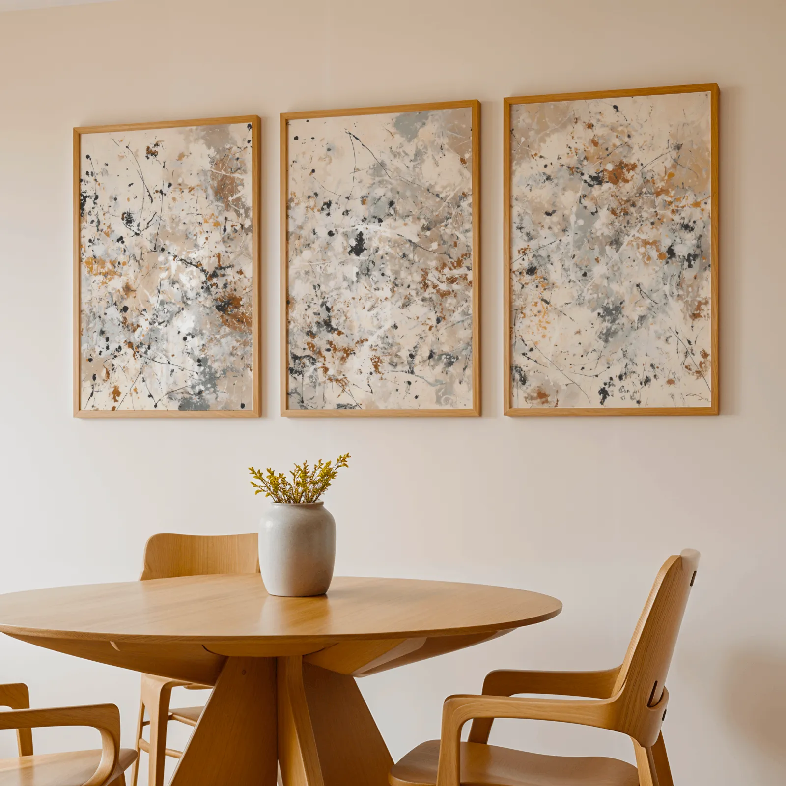 neutral abstract splatter wall art set of three, above a round wooden table with a stoneware vase