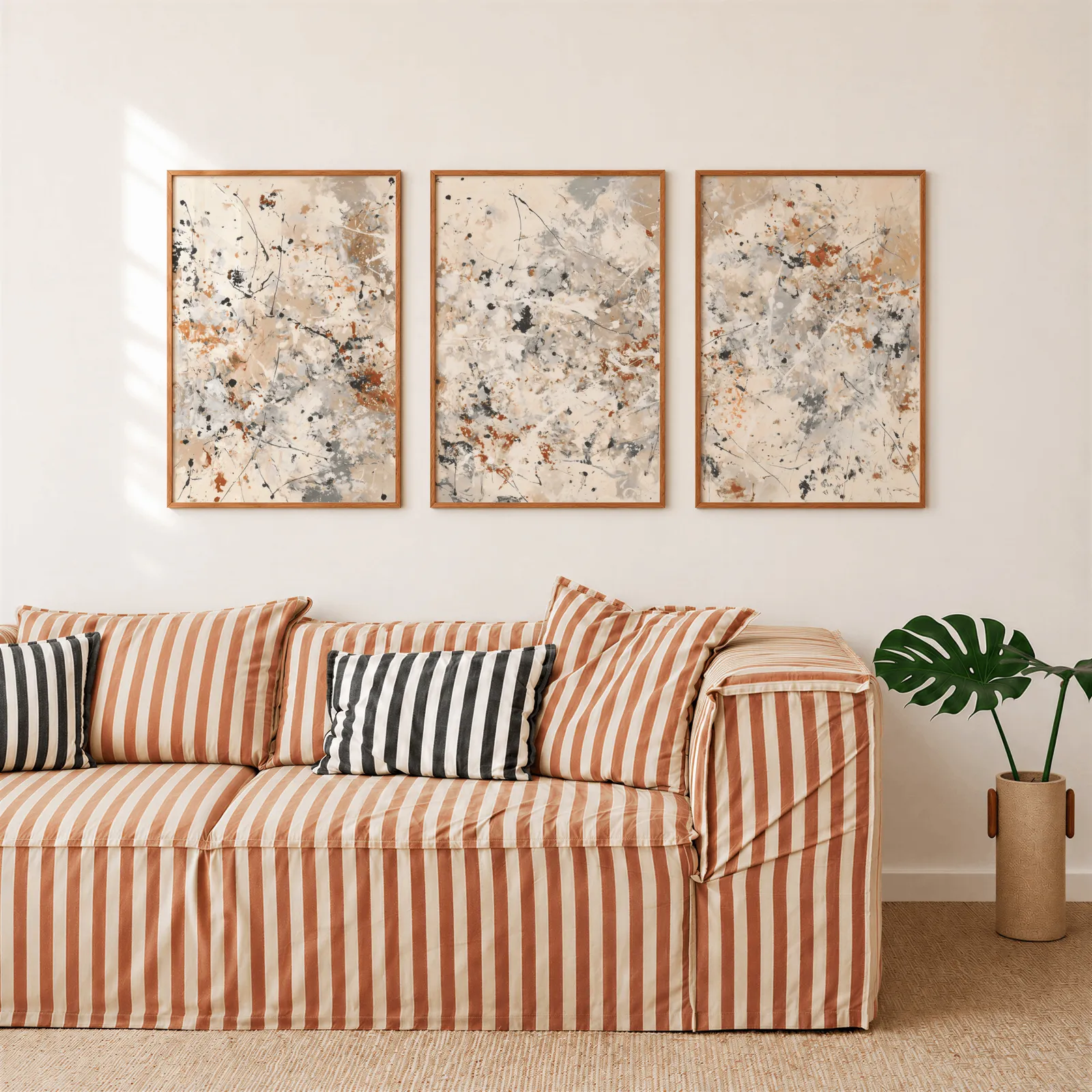 neutral abstract splatter wall art set of three, above a rust-striped sofa beside a potted monstera