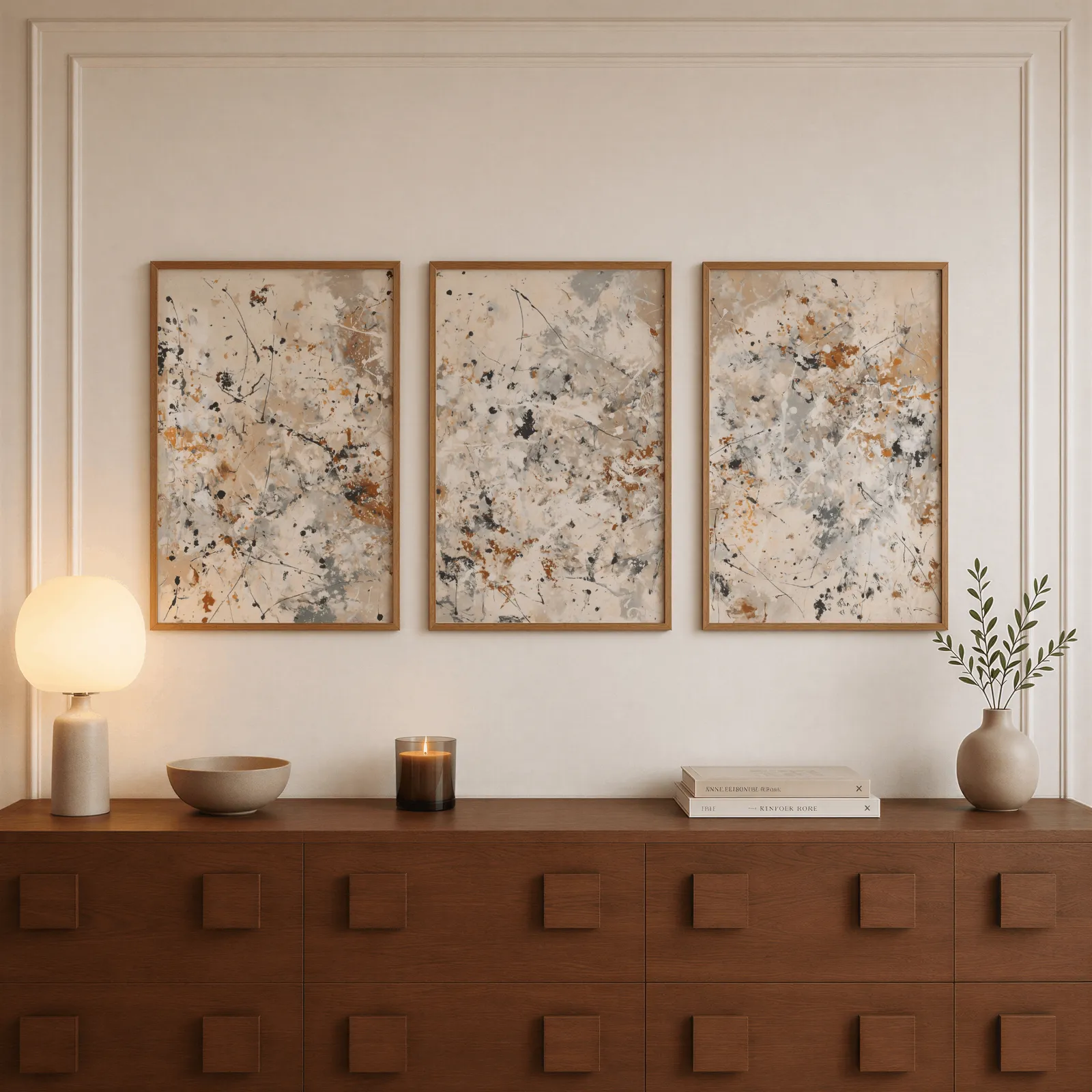 neutral abstract splatter wall art set of three, above a walnut sideboard with a lit candle and glowing lamp