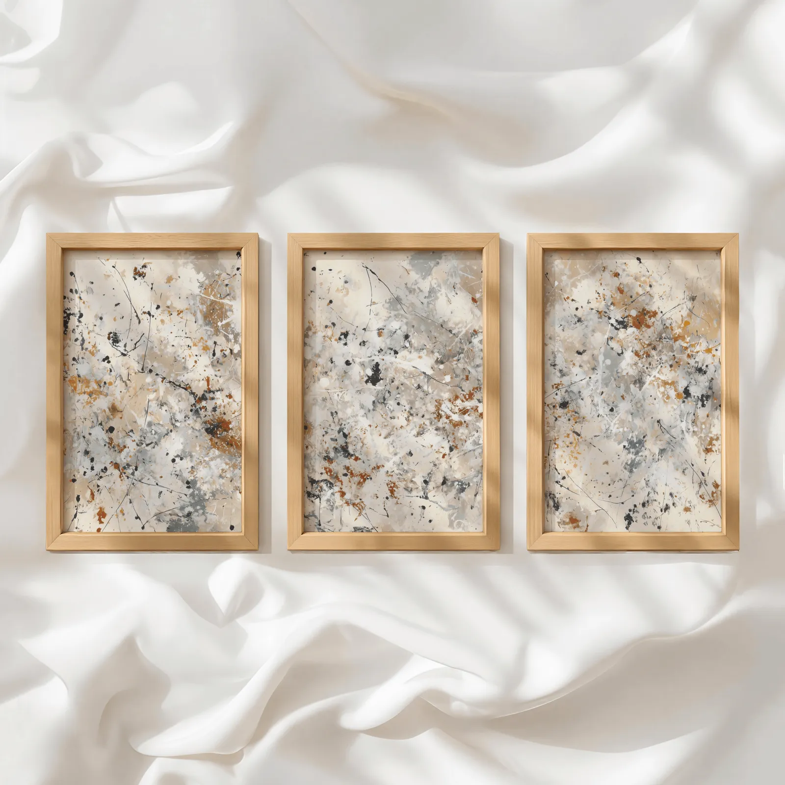 neutral abstract splatter wall art set of three, in a row atop rumpled white silky fabric