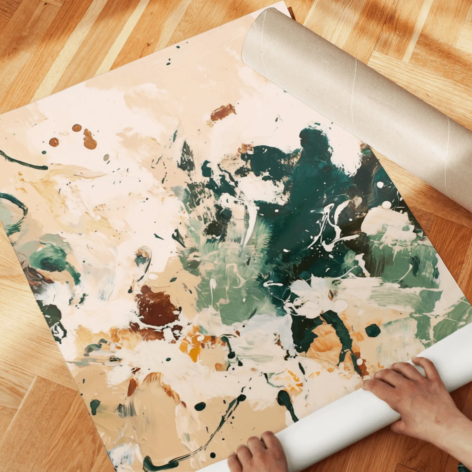 green and brown abstract wall art set of 3, unrolled across a herringbone wood floor by hand