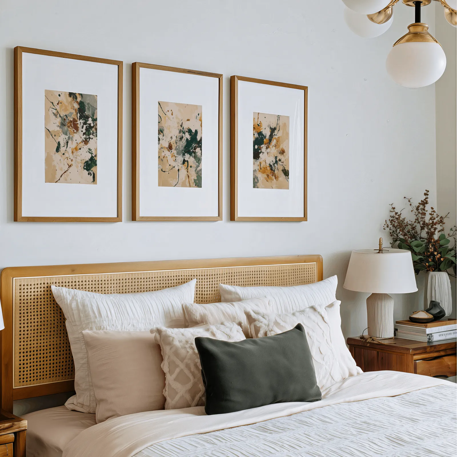 green and brown abstract wall art set of 3, above a rattan headboard piled with pillows