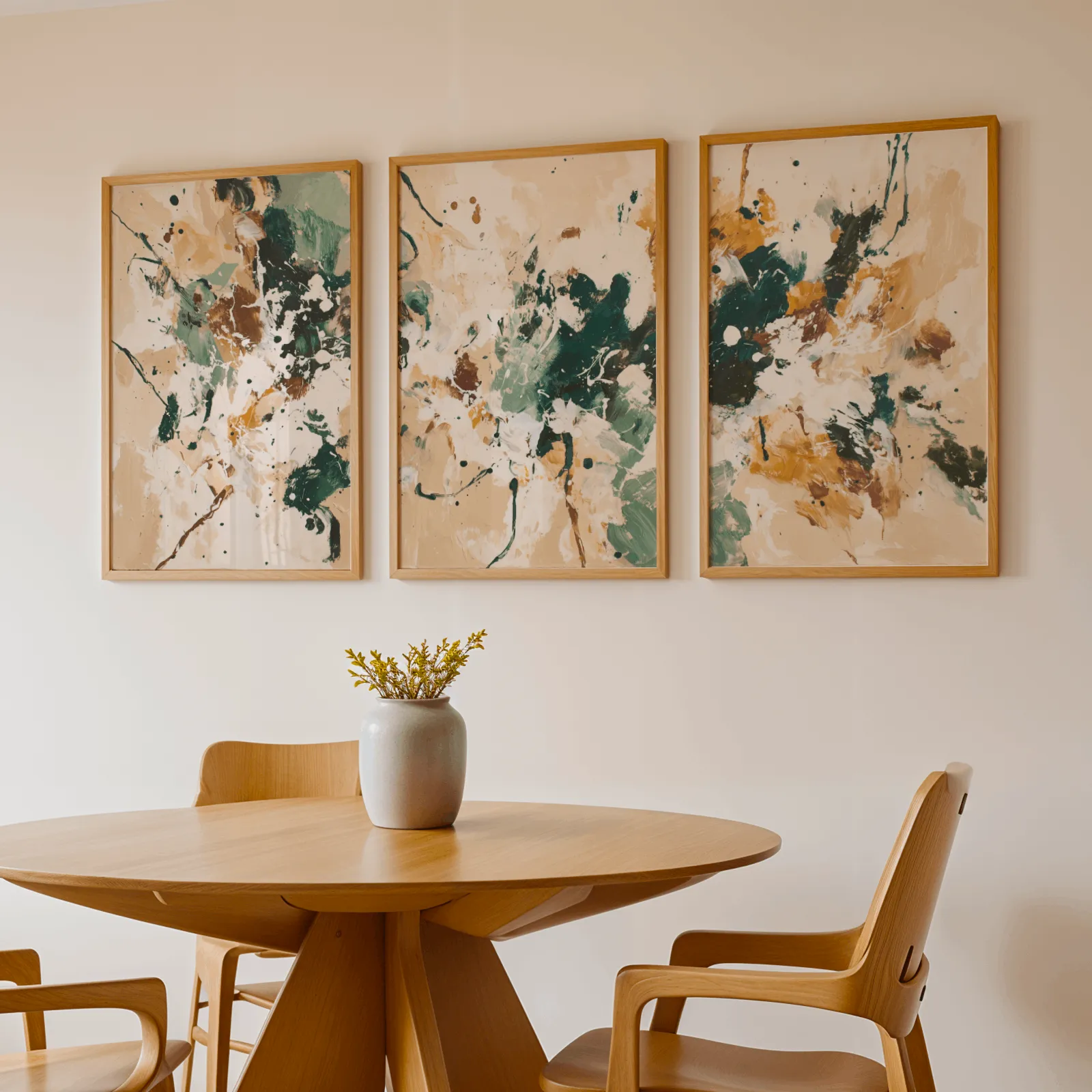 green and brown abstract wall art set of 3, above a round wooden table with a stoneware vase