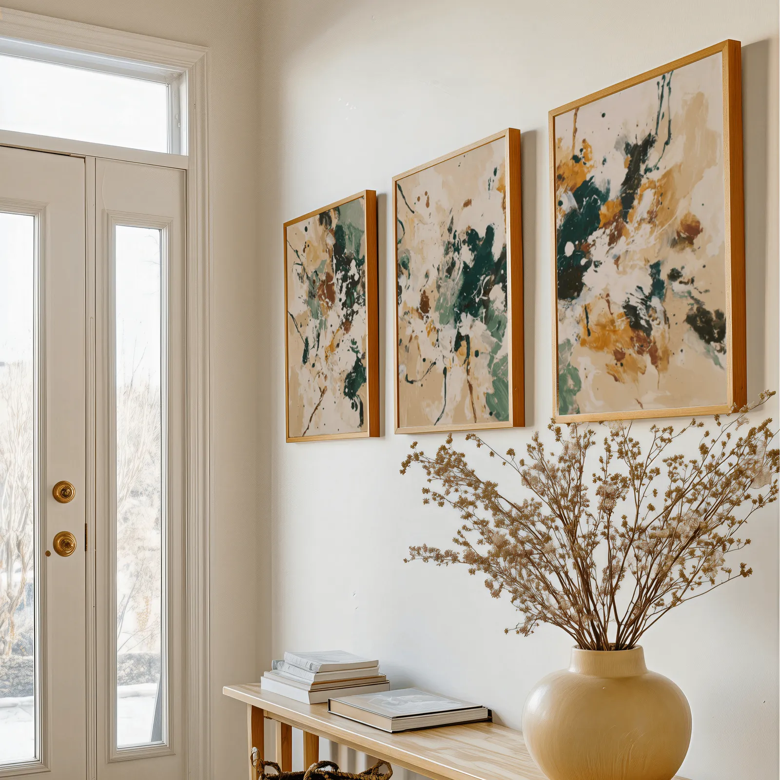 green and brown abstract wall art set of 3, above a console table with a yellow vase of dried branches