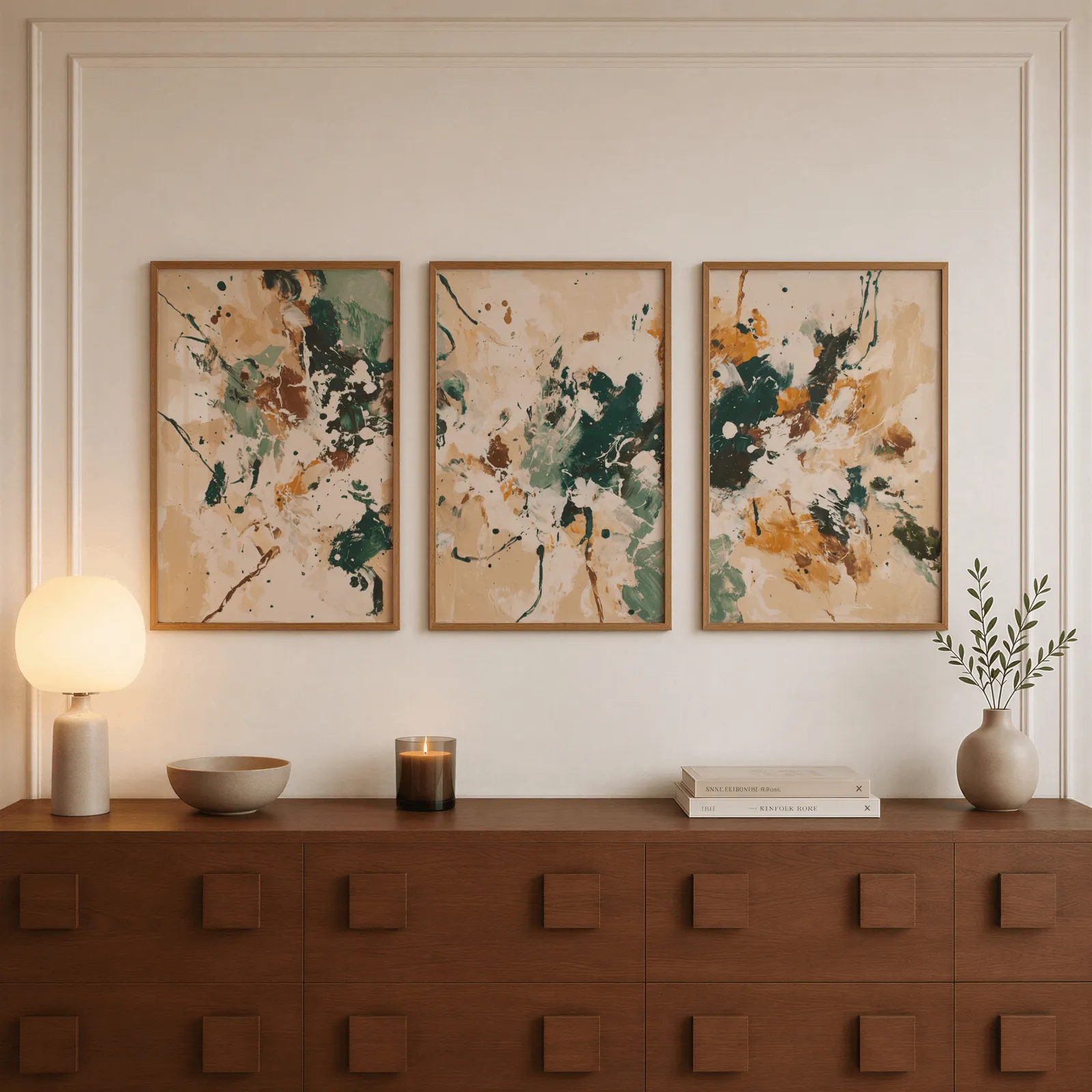 green and brown abstract wall art set of 3, above a walnut sideboard with a lit candle and glowing lamp