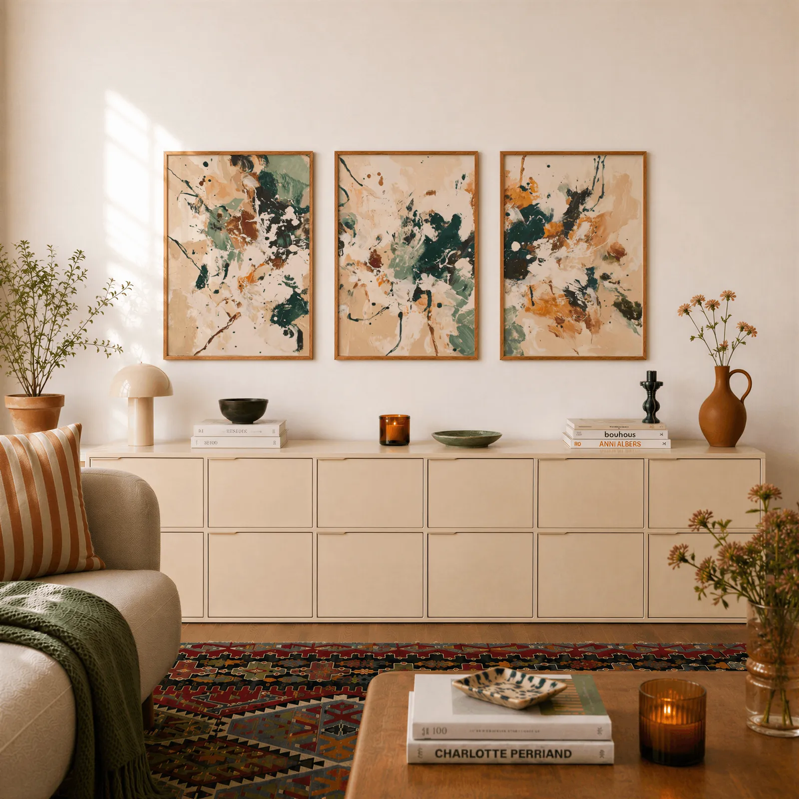 green and brown abstract wall art set of 3, above a long cream sideboard topped with books and a terracotta jug