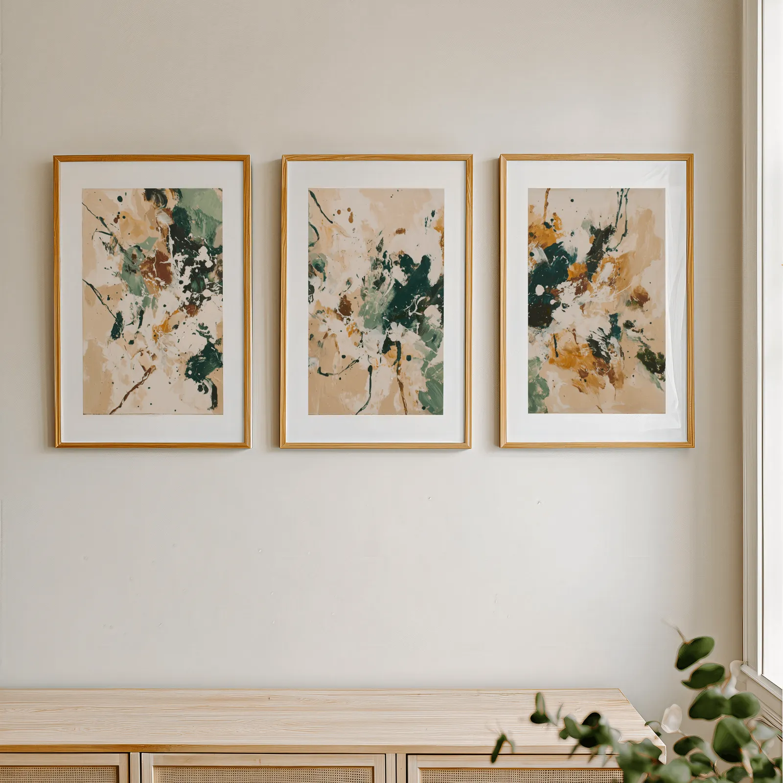 green and brown abstract wall art set of 3, in a row above a light wooden sideboard near a window