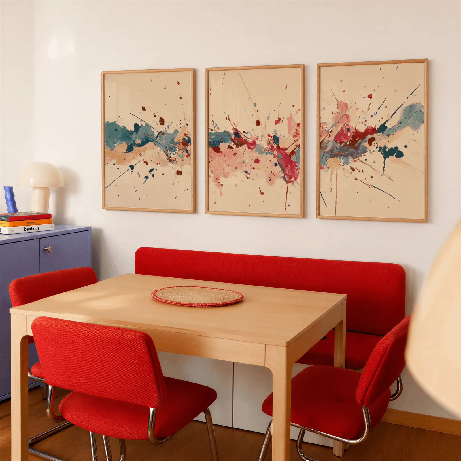 colorful abstract splatter triptych wall art, above a red banquette bench beside a lavender cabinet