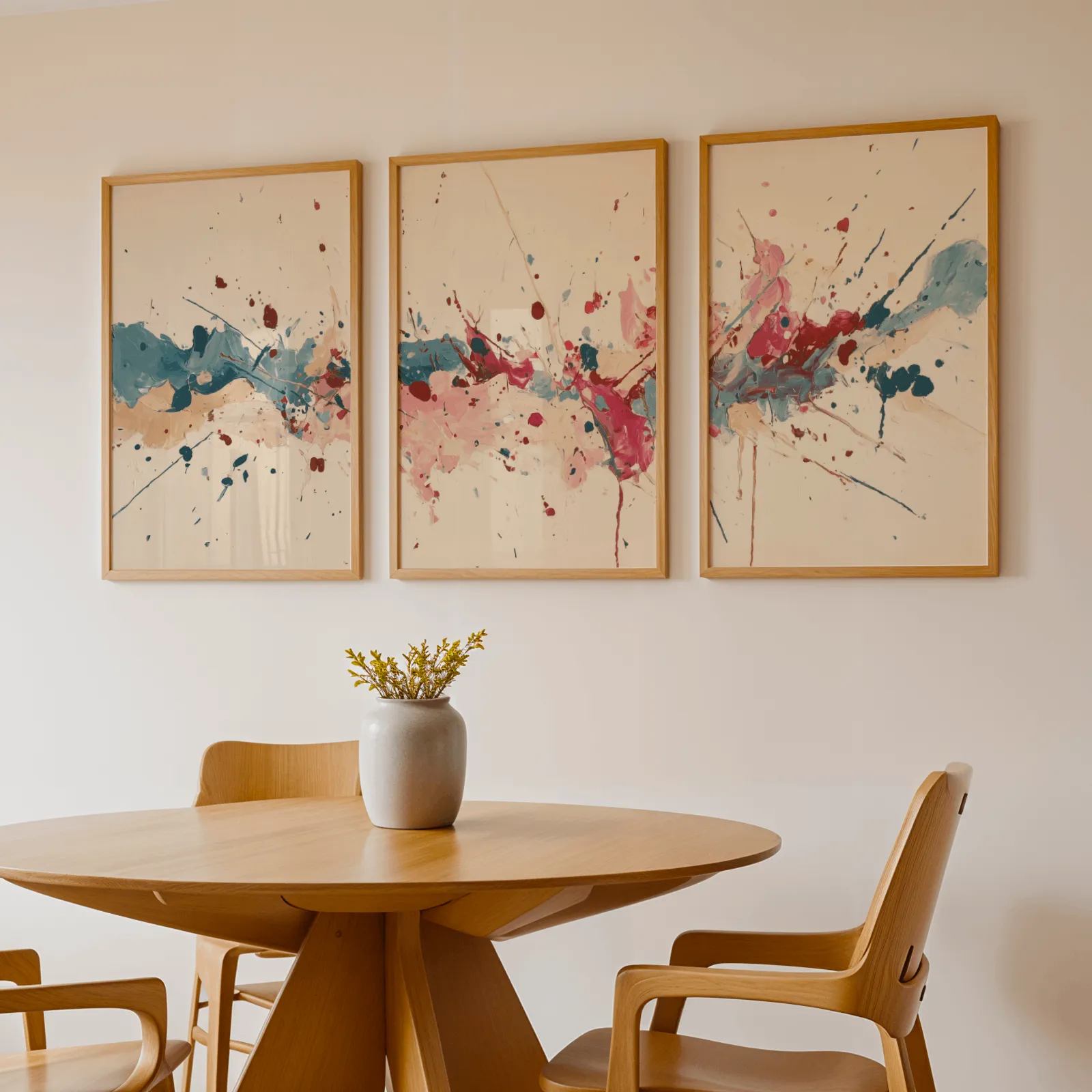 colorful abstract splatter triptych wall art, above a round wooden table with a stoneware vase