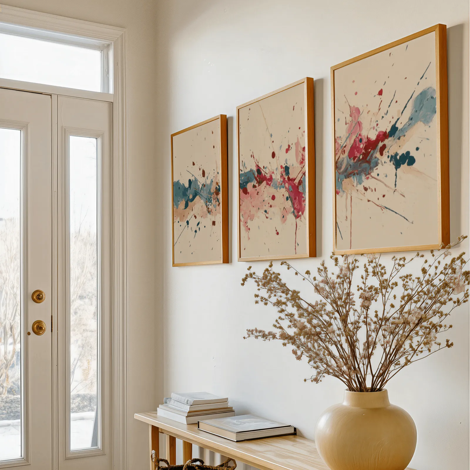 colorful abstract splatter triptych wall art, above a console table with a yellow vase of dried branches