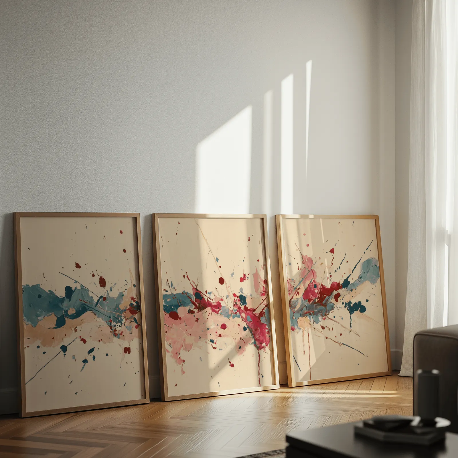 colorful abstract splatter triptych wall art, leaning against a sunlit wall on herringbone flooring