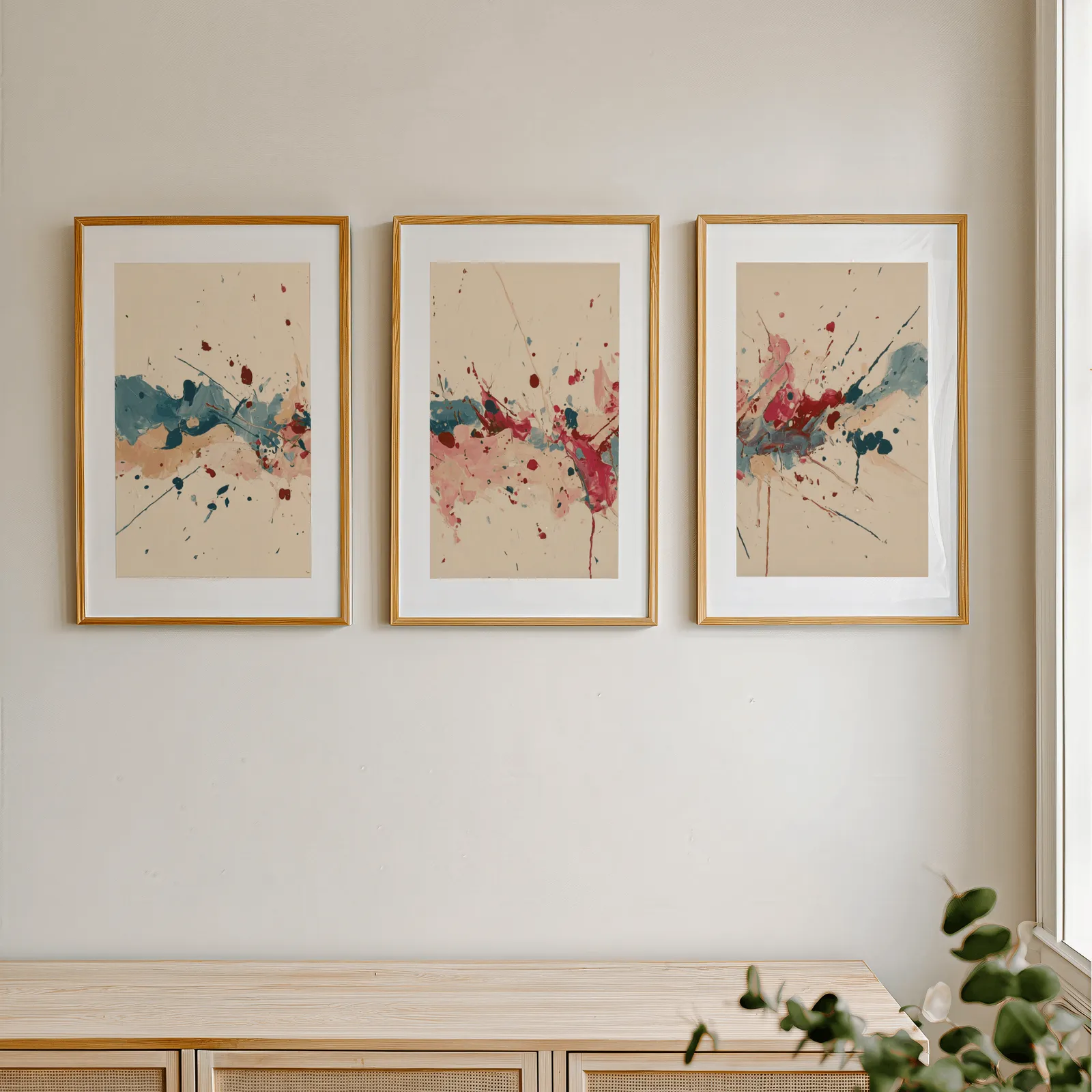 colorful abstract splatter triptych wall art, in a row above a light wooden sideboard near a window