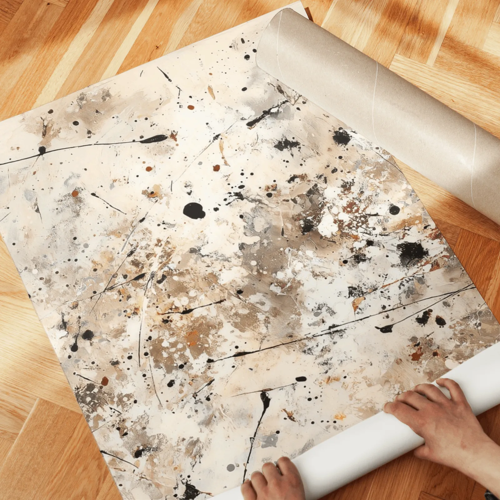 neutral abstract splatter wall art set of 3, unrolled across a herringbone wood floor by hand
