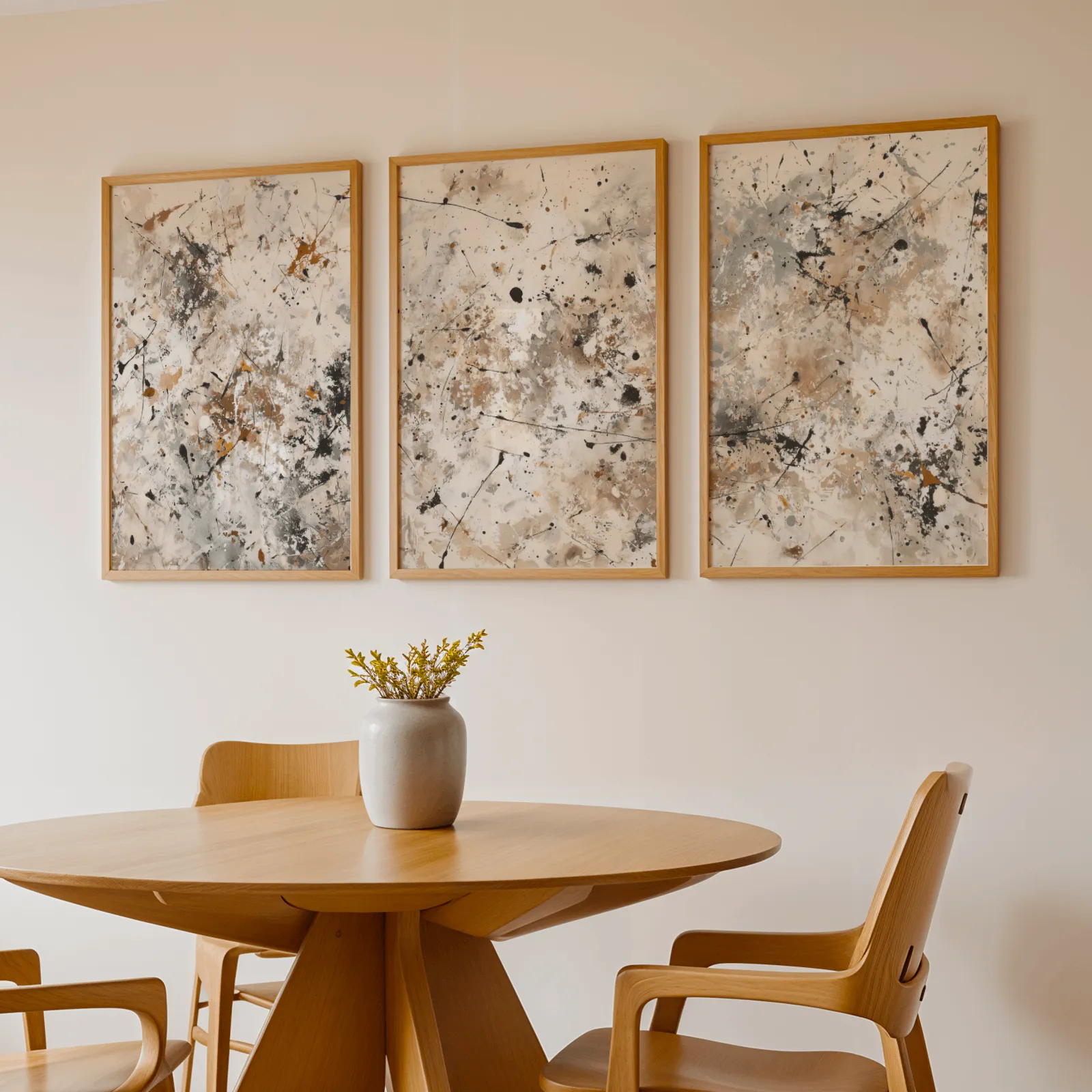 neutral abstract splatter wall art set of 3, above a round wooden table with a stoneware vase