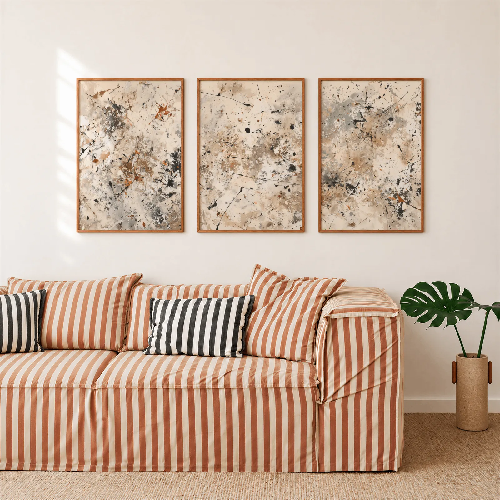 neutral abstract splatter wall art set of 3, above a rust-striped sofa beside a potted monstera