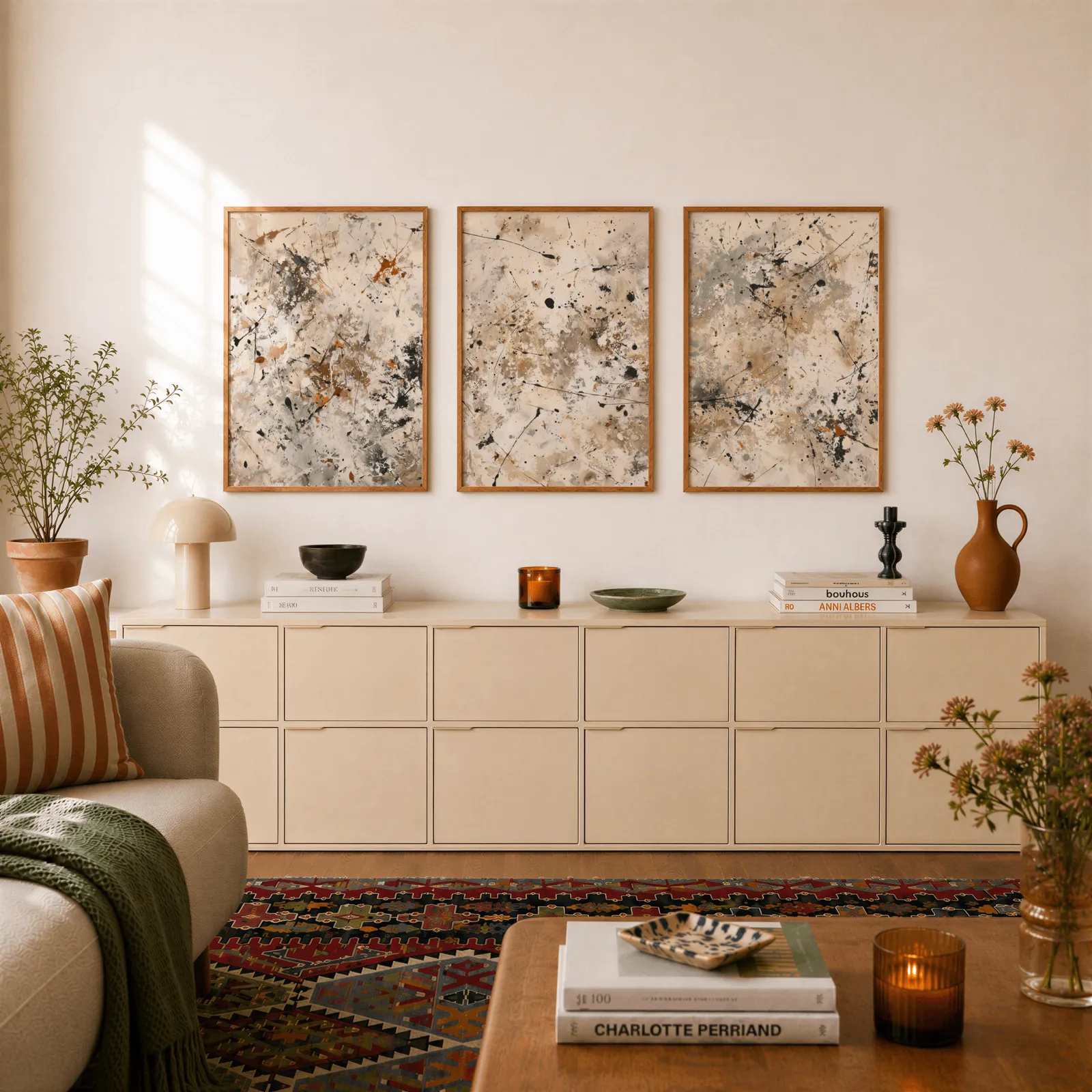 neutral abstract splatter wall art set of 3, above a long cream sideboard topped with books and a terracotta jug