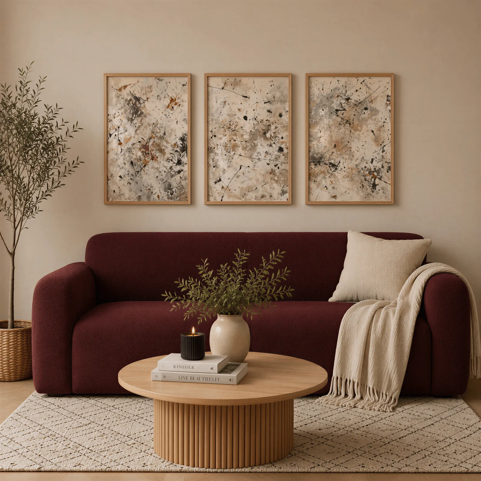 neutral abstract splatter wall art set of 3, above a burgundy boucle sofa with a cream throw