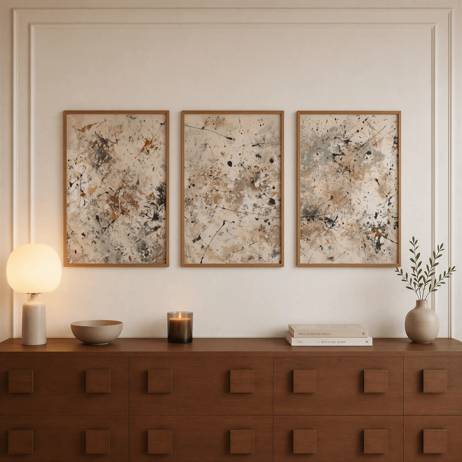 neutral abstract splatter wall art set of 3, above a walnut sideboard with a lit candle and glowing lamp