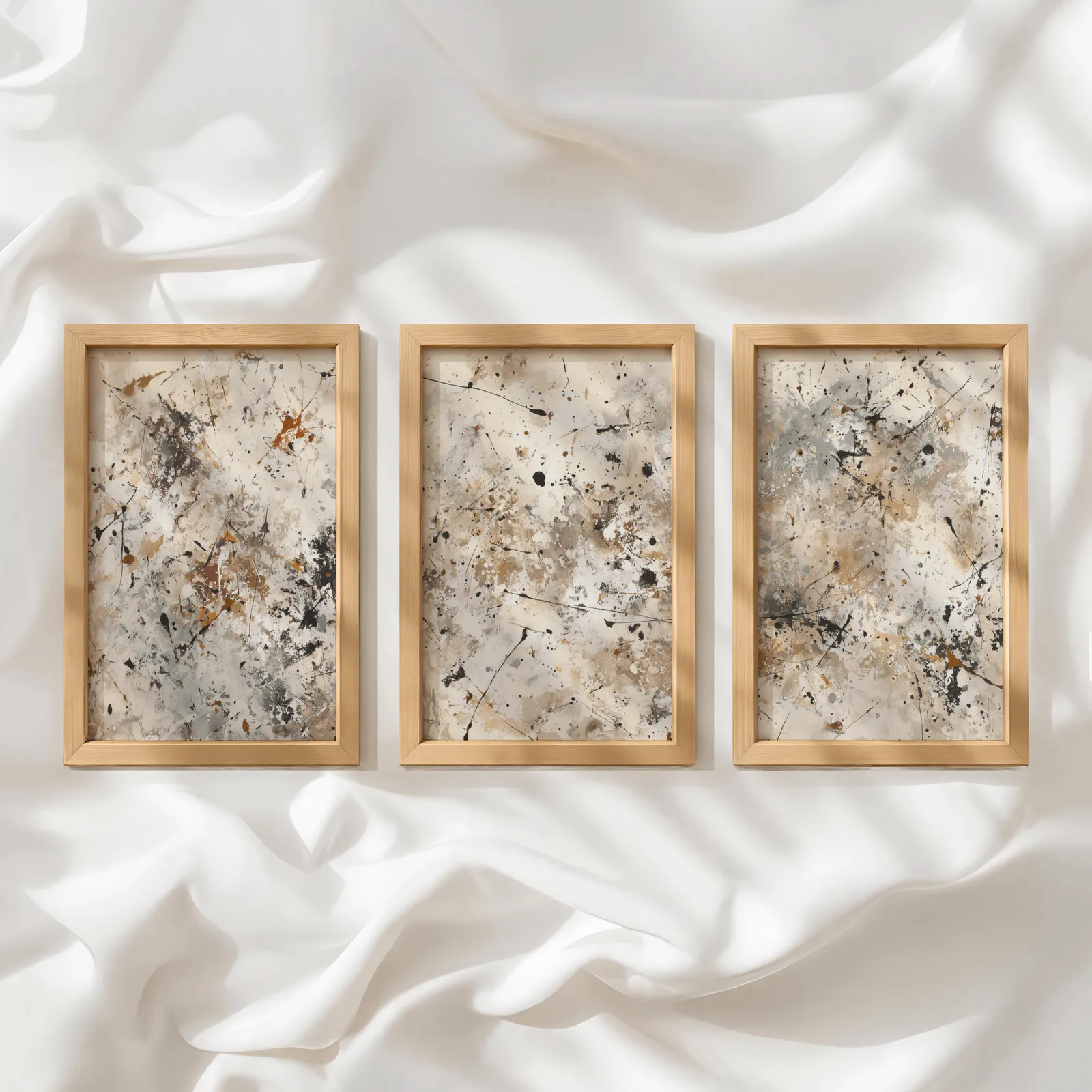 neutral abstract splatter wall art set of 3, in a row atop rumpled white silky fabric