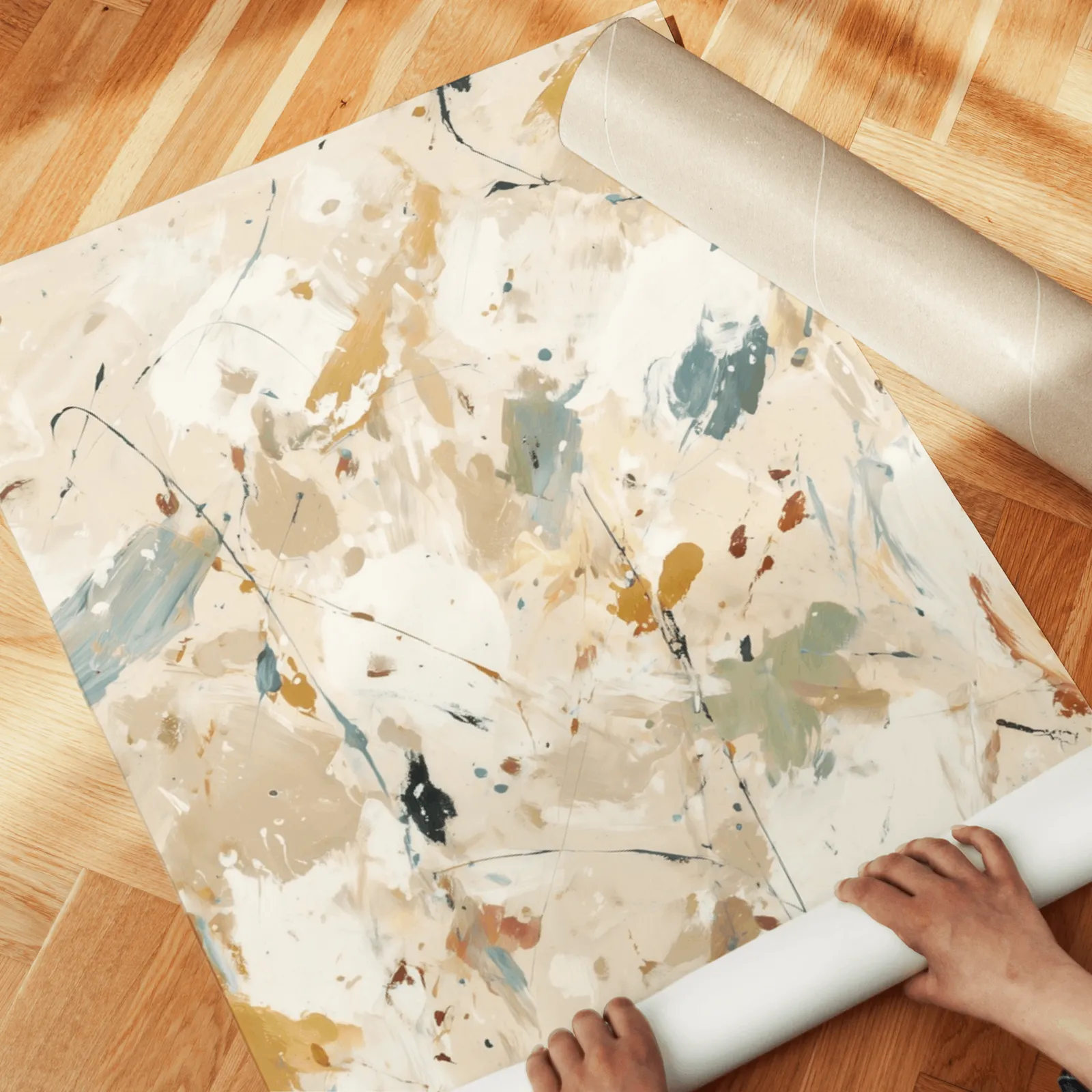 beige terracotta abstract splatter wall art set of 2, unrolled across a herringbone parquet floor by hand