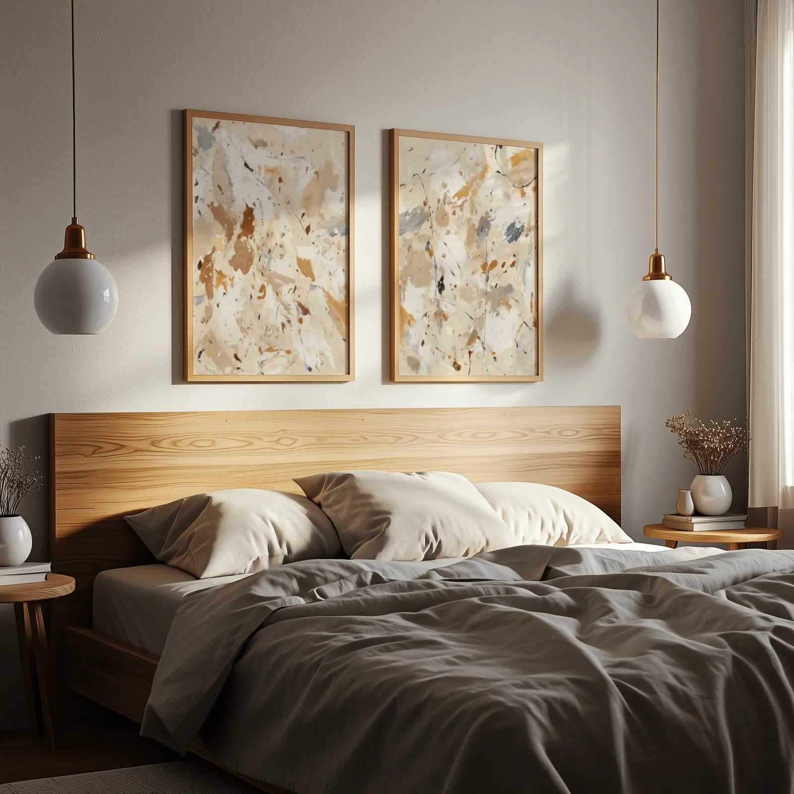 beige terracotta abstract splatter wall art set of 2, above a wooden headboard flanked by globe pendant lights