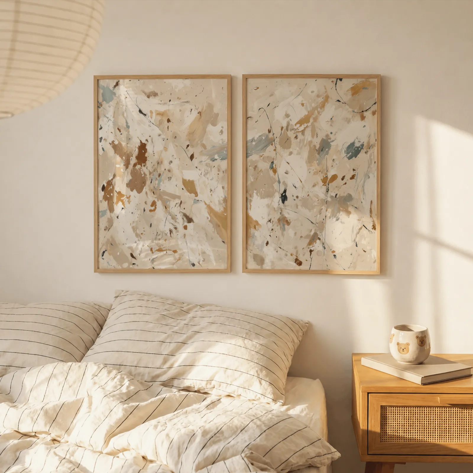 beige terracotta abstract splatter wall art set of 2, above a striped linen bed beside a paper lantern shade