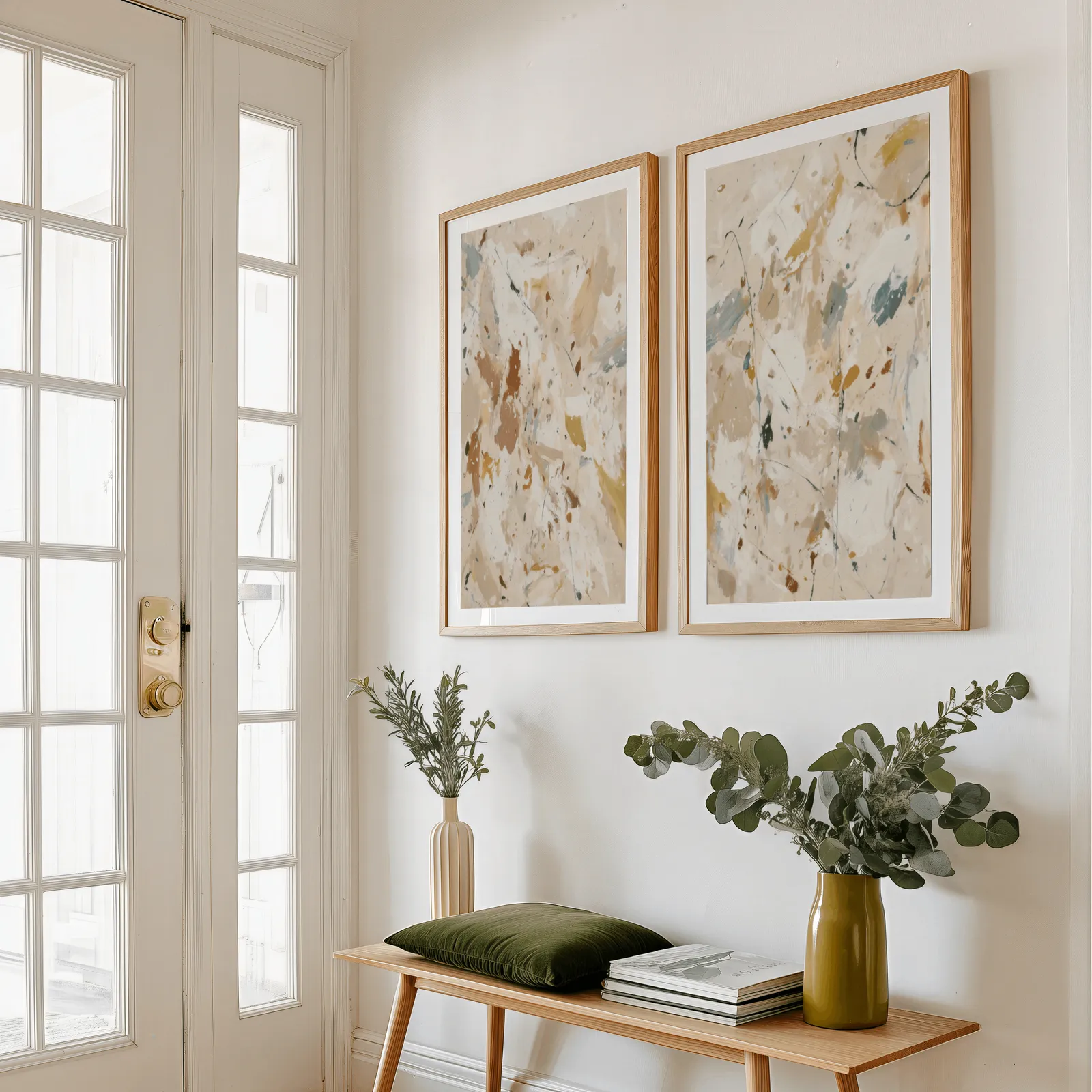 beige terracotta abstract splatter wall art set of 2, above a wooden bench with eucalyptus stems and a green cushion