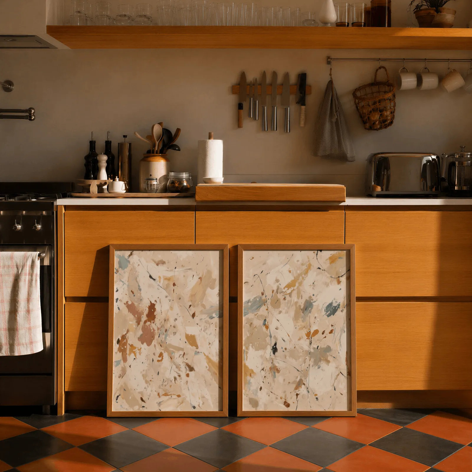 beige terracotta abstract splatter wall art set of 2, leaning against wooden cabinets on terracotta tiled floor