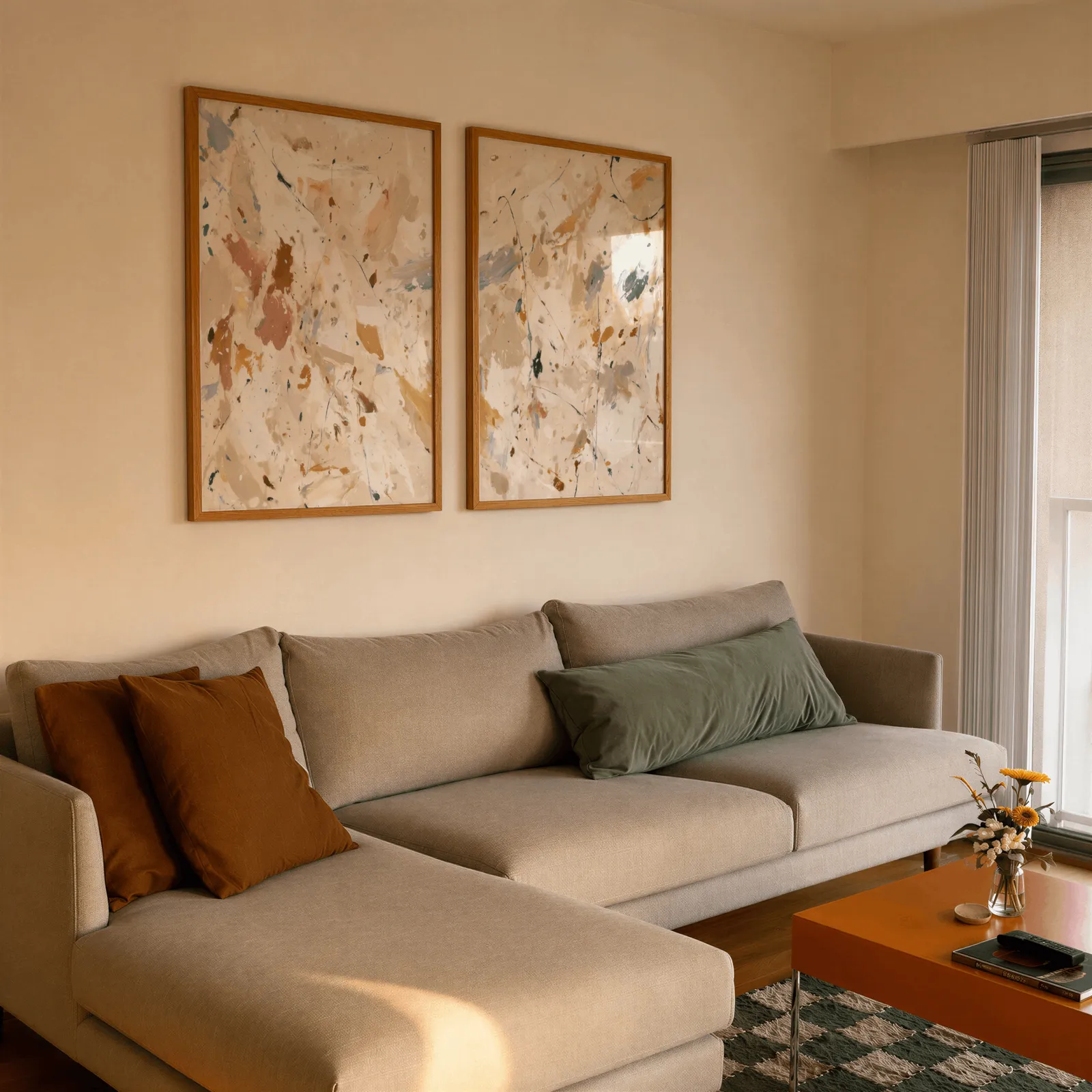 beige terracotta abstract splatter wall art set of 2, side by side above a beige sectional sofa