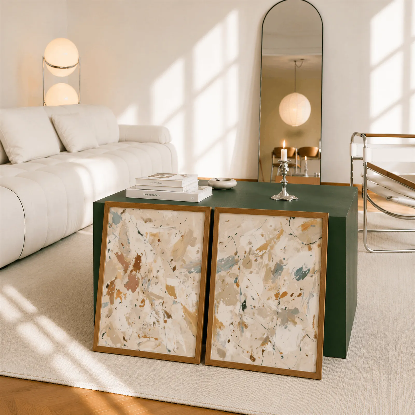 beige terracotta abstract splatter wall art set of 2, leaning against a dark green cube table beside an arched mirror