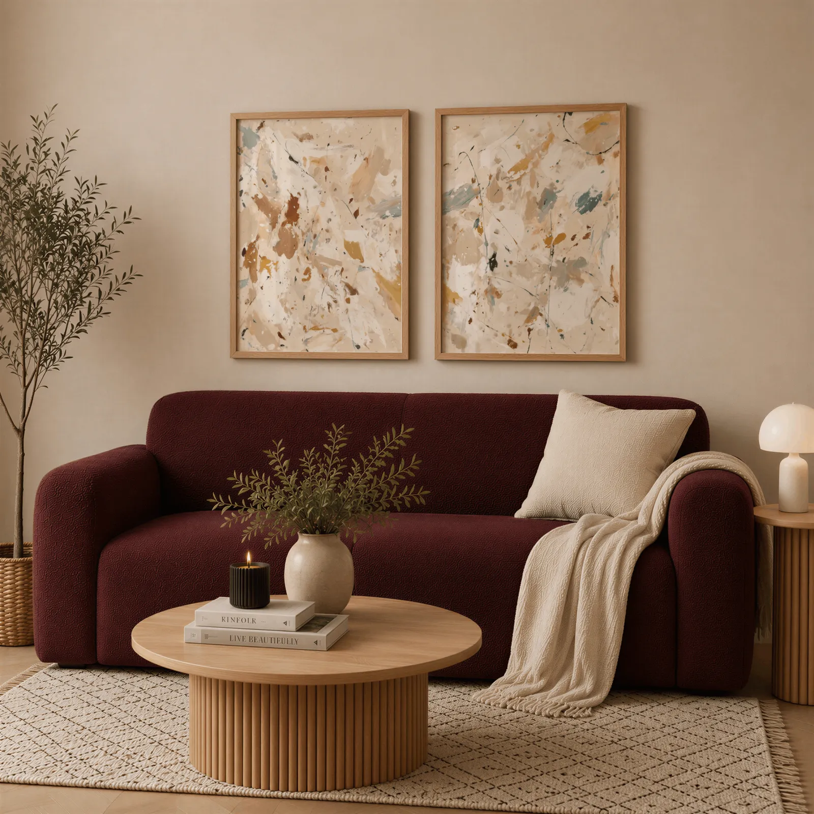 beige terracotta abstract splatter wall art set of 2, above a deep burgundy boucle sofa with cream throw