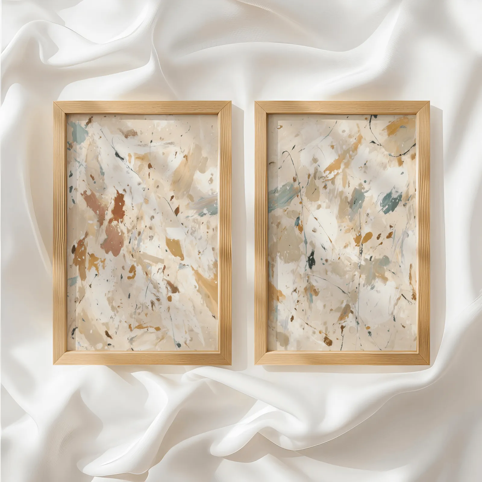 beige terracotta abstract splatter wall art set of 2, side by side atop rumpled white silky fabric