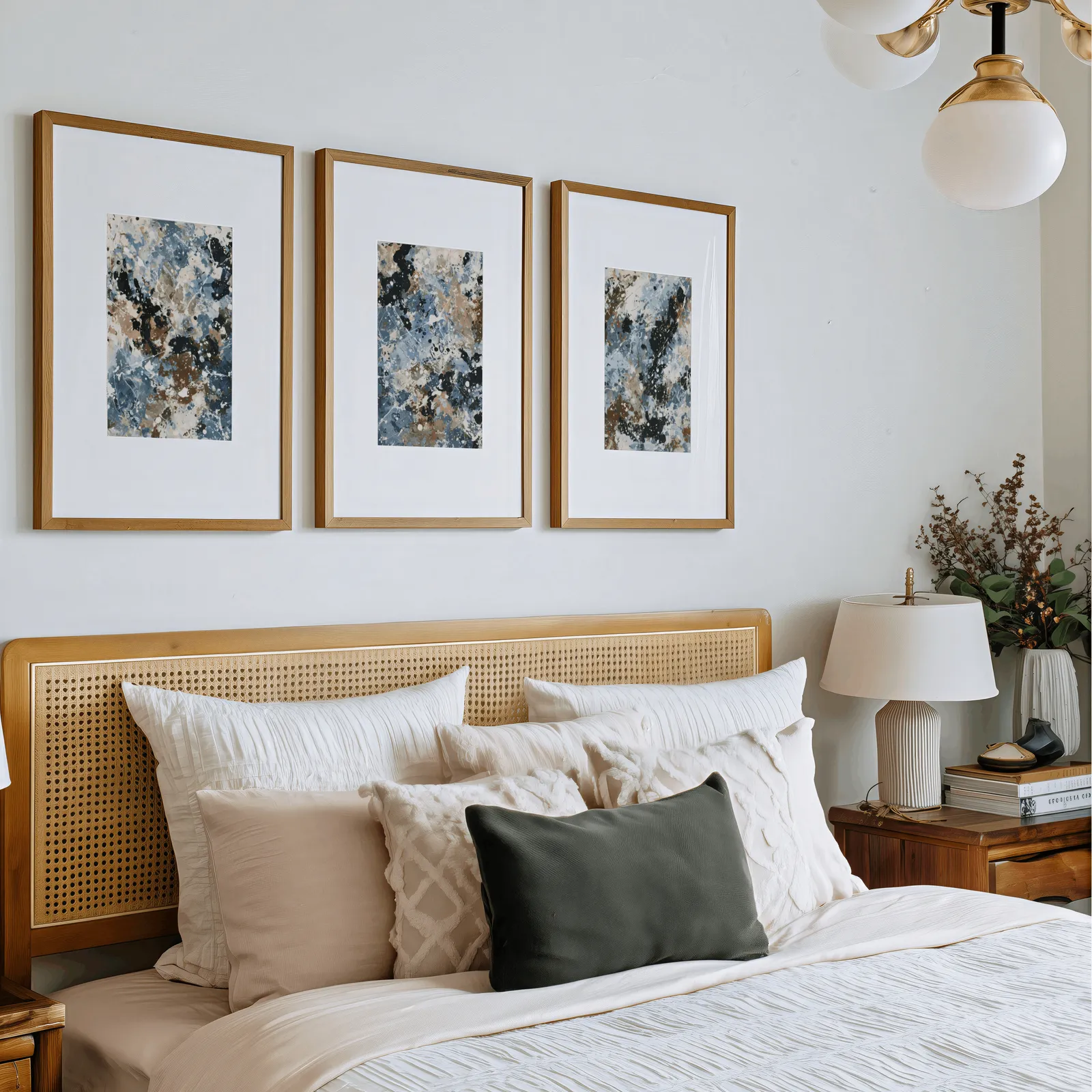 blue brown abstract splatter triptych wall art, above a rattan headboard piled with pillows