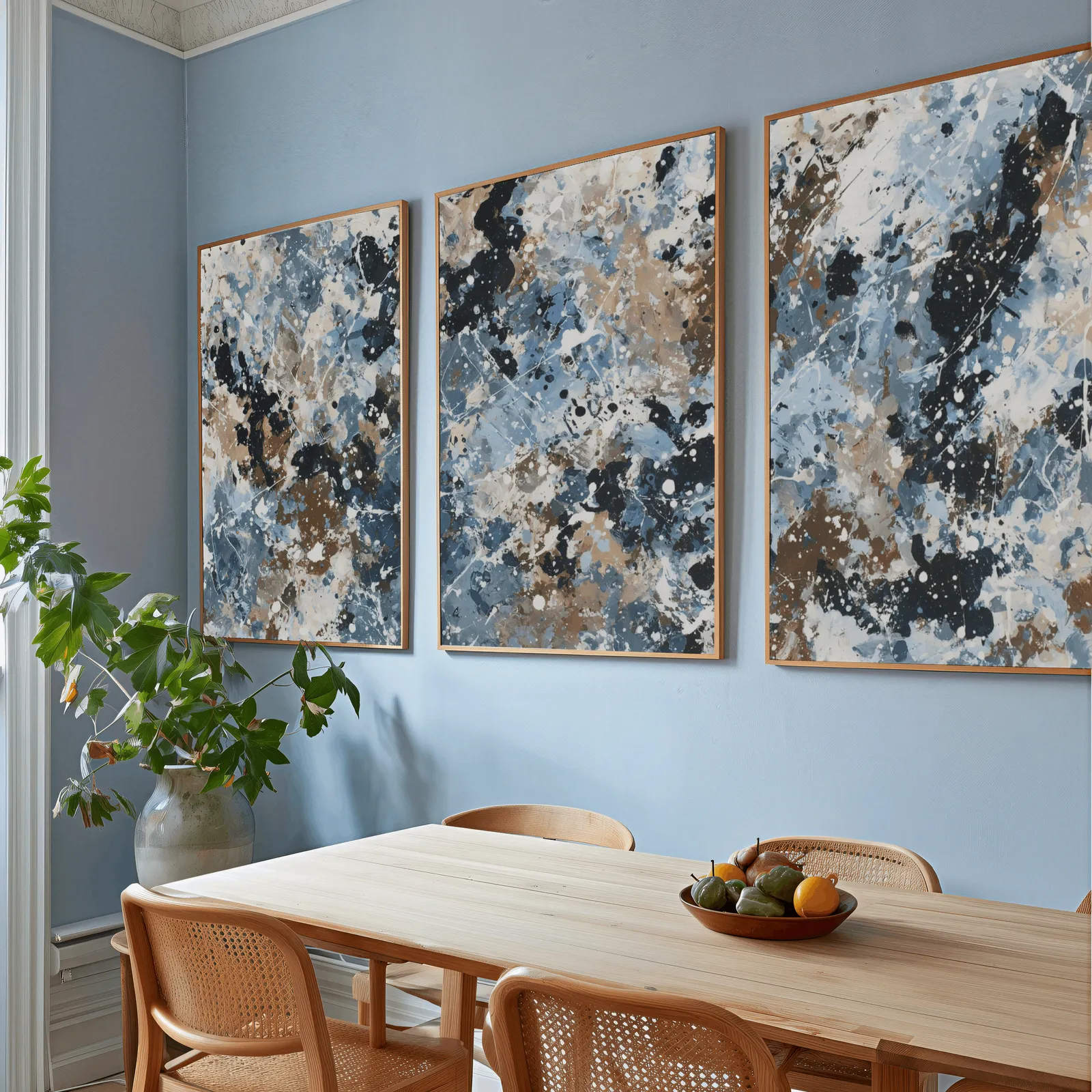 blue brown abstract splatter triptych wall art, above a wooden dining table with cane chairs and a fruit bowl