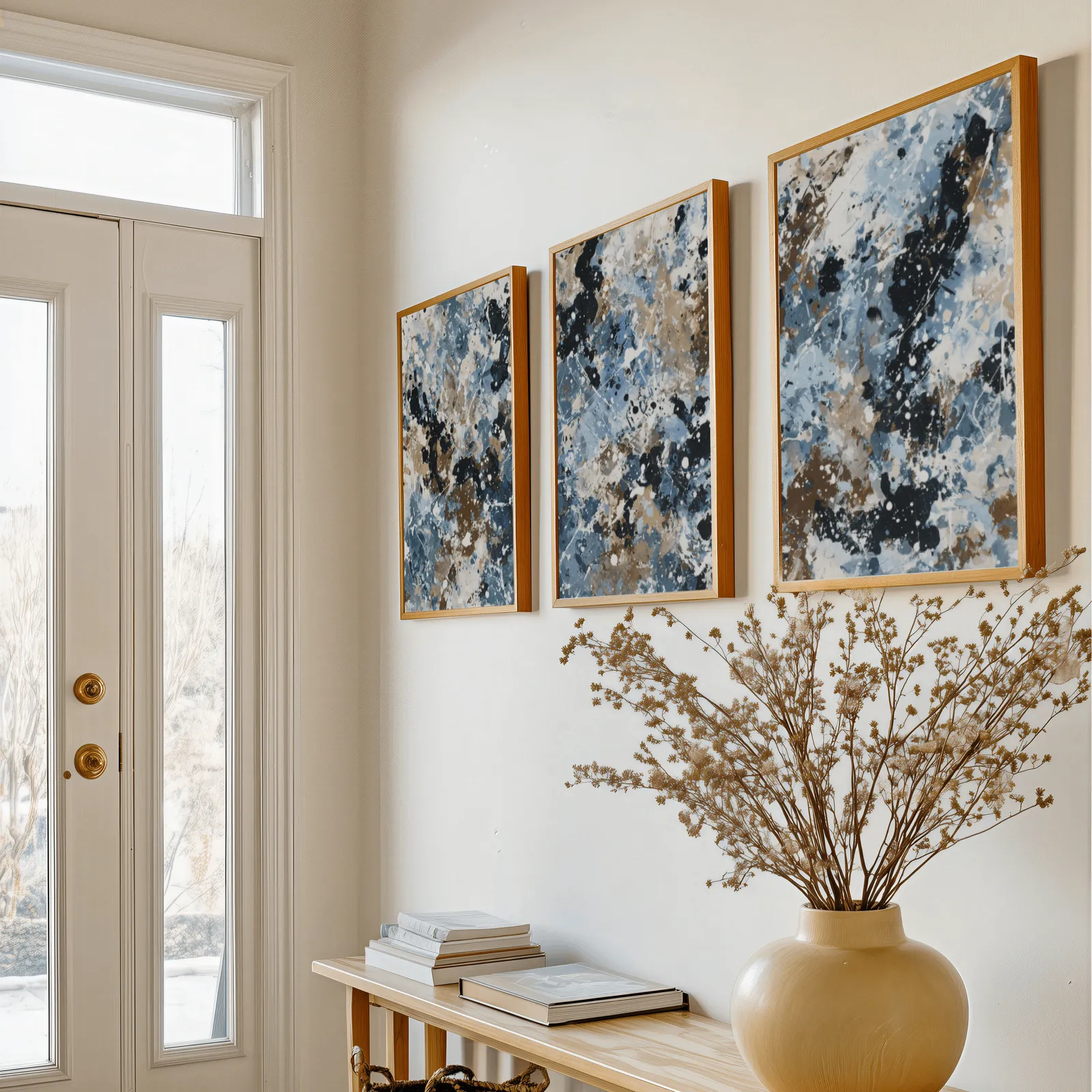 blue brown abstract splatter triptych wall art, above a console table with a yellow vase of dried branches