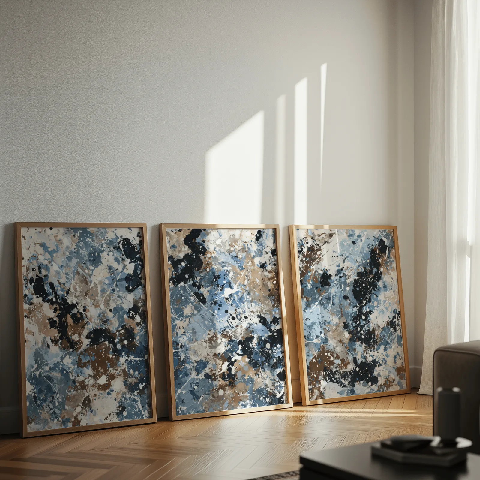 blue brown abstract splatter triptych wall art, leaning against a sunlit wall on herringbone flooring