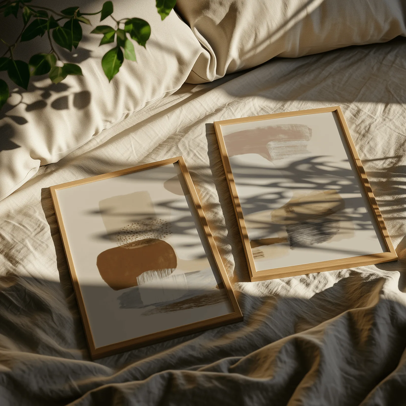 beige abstract minimalist wall art set of 2, resting on rumpled linen sheets with dappled leaf shadows