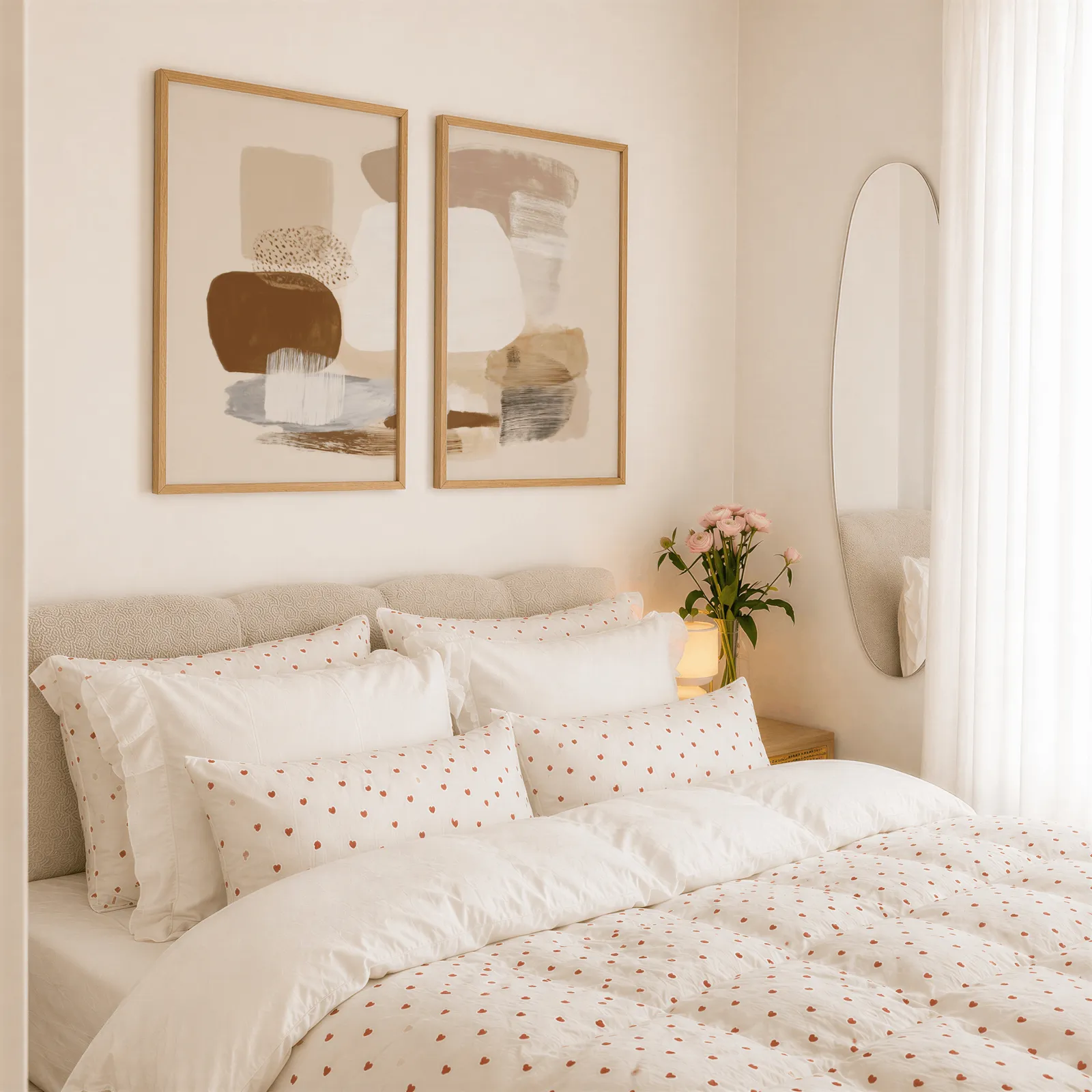 beige abstract minimalist wall art set of 2, above a tufted headboard piled with heart-print pillows