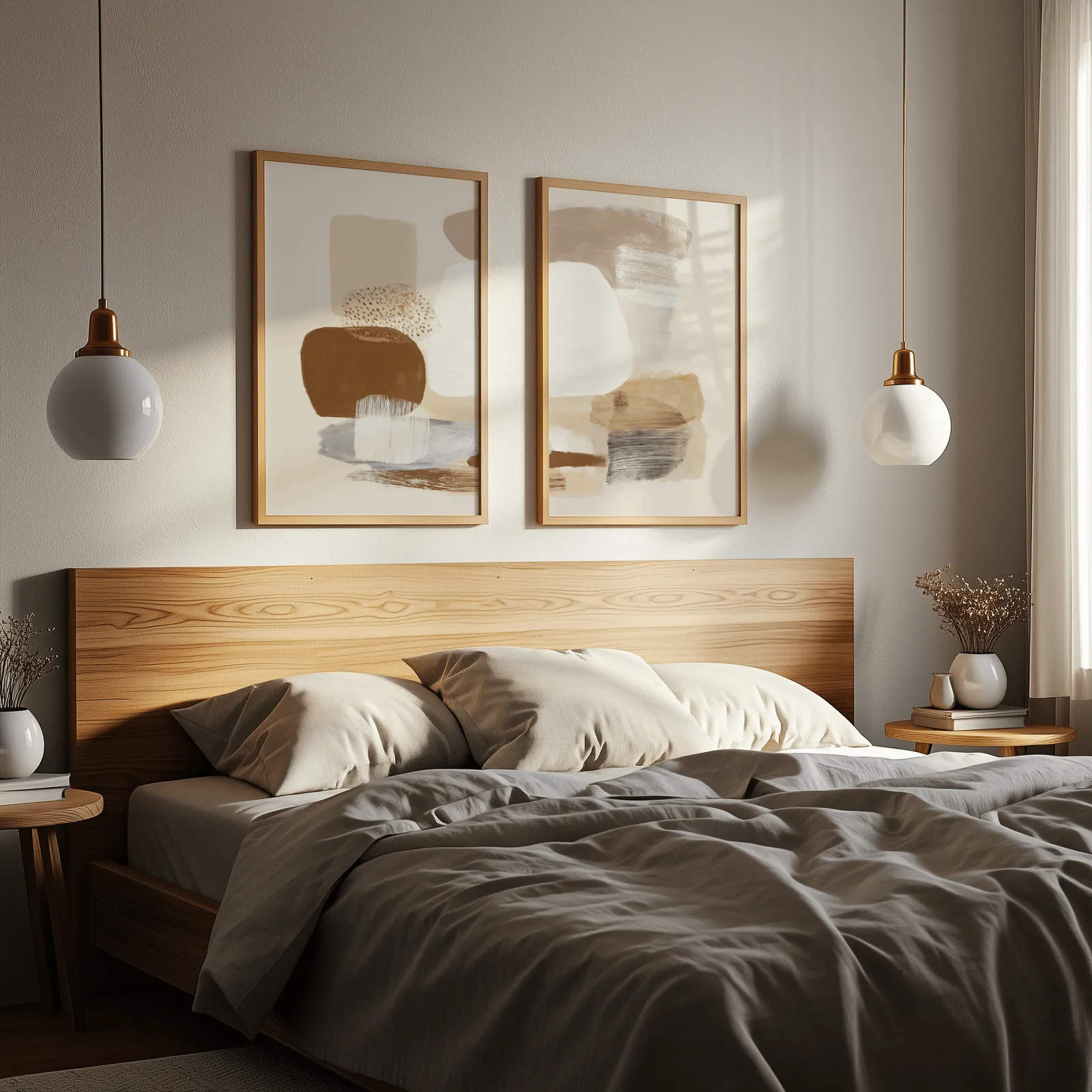 beige abstract minimalist wall art set of 2, above a wooden headboard flanked by globe pendant lights