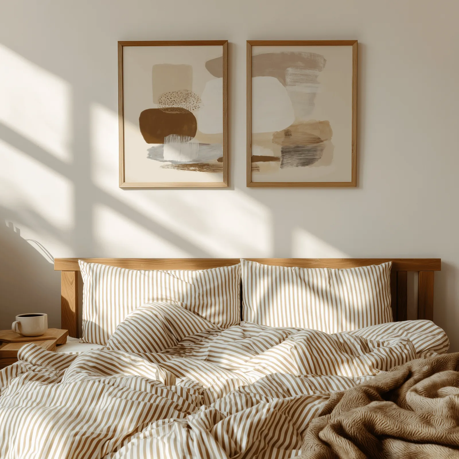 beige abstract minimalist wall art set of 2, above a wooden headboard with striped bedding and raking sunlight