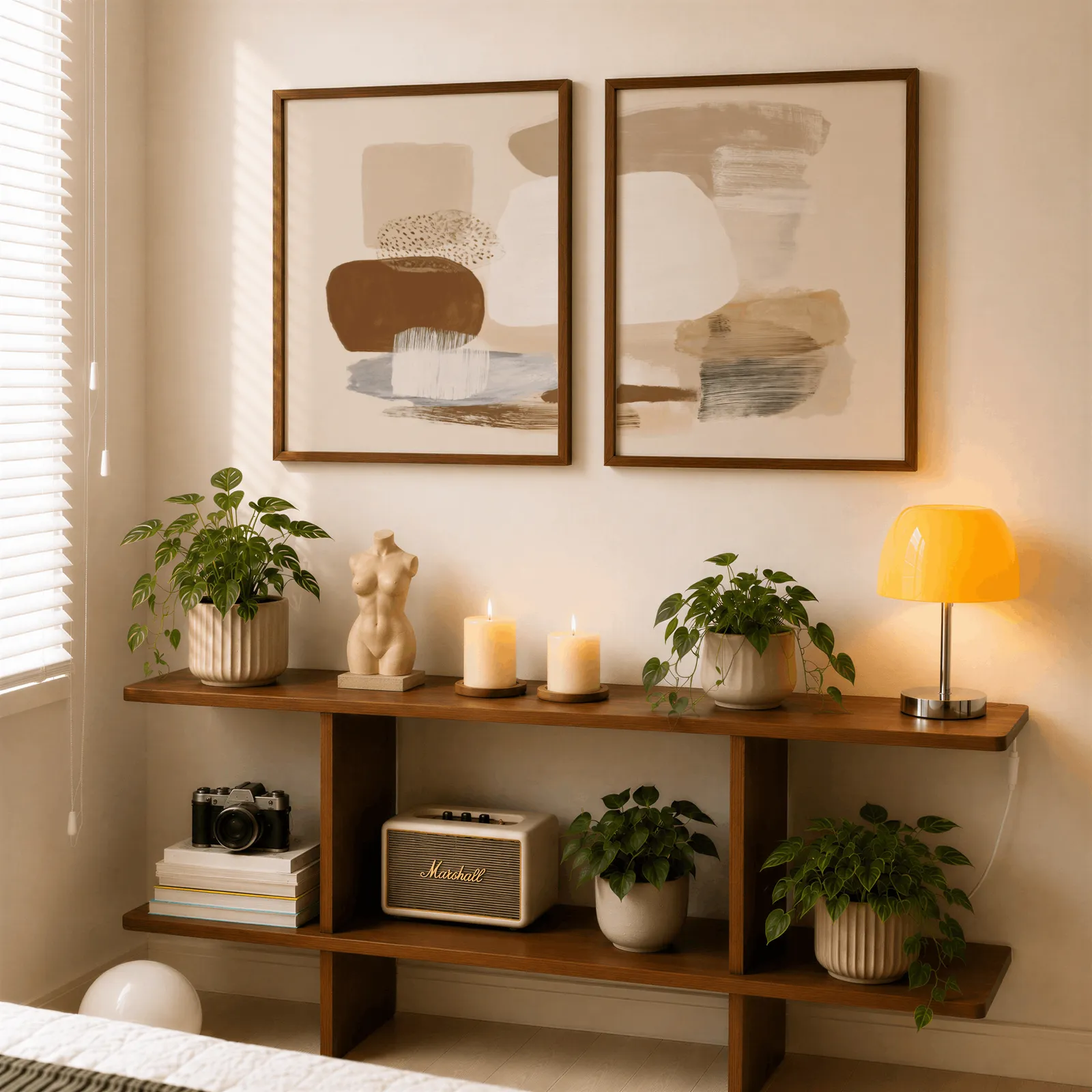 beige abstract minimalist wall art set of 2, above a wooden console shelf with potted plants and a yellow lamp