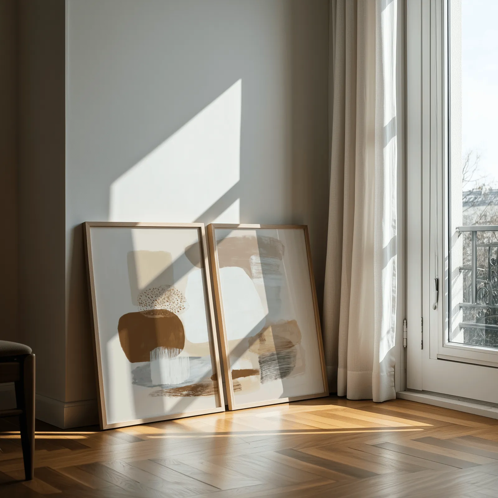 beige abstract minimalist wall art set of 2, leaning against a sunlit wall by a curtained balcony door