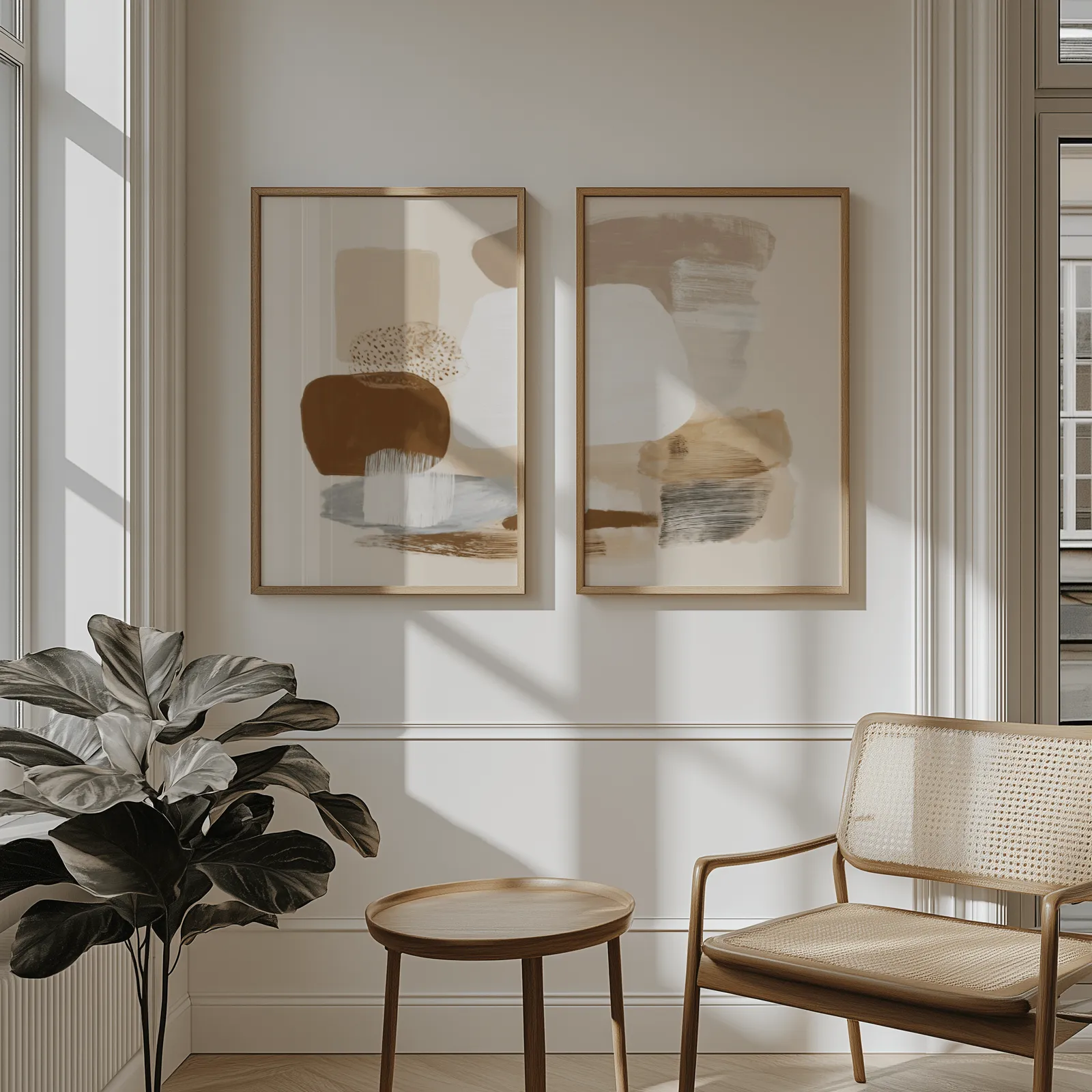beige abstract minimalist wall art set of 2, above wainscoting beside a cane armchair and fiddle-leaf fig