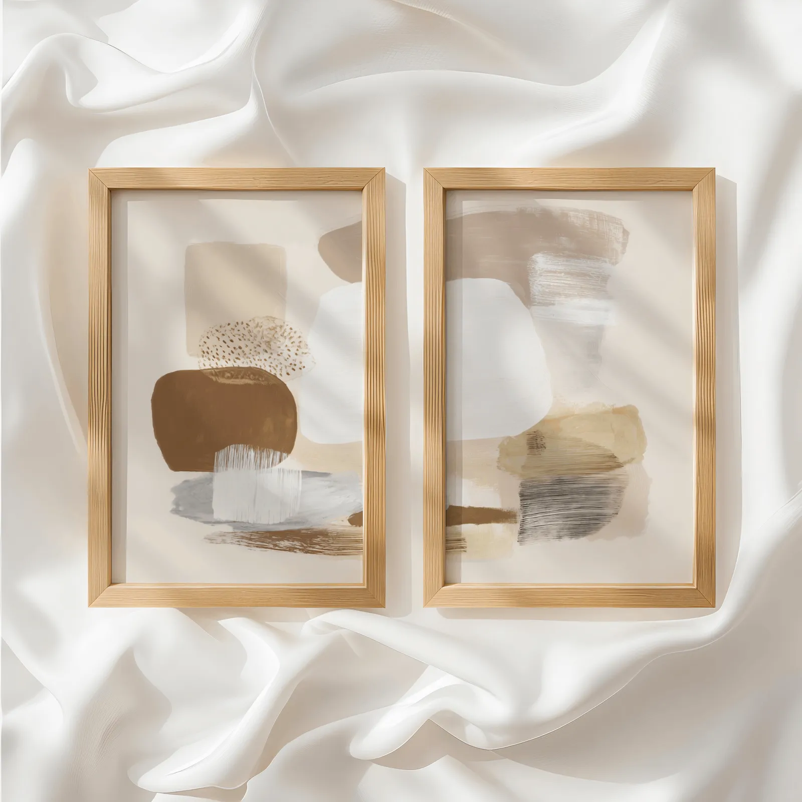 beige abstract minimalist wall art set of 2, side by side atop rumpled white silky fabric