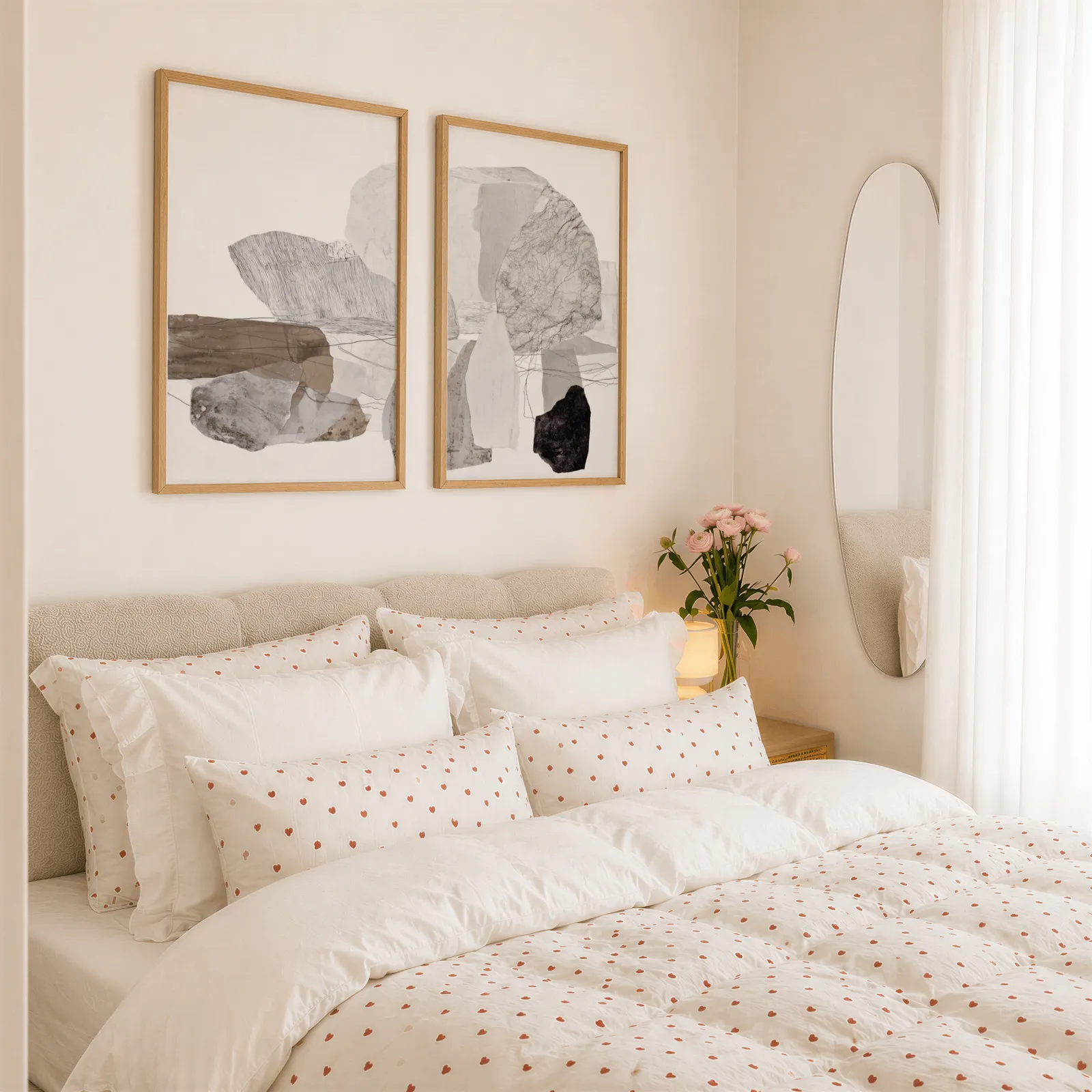 neutral abstract stone wall art set of two, above a tufted headboard piled with heart-print pillows
