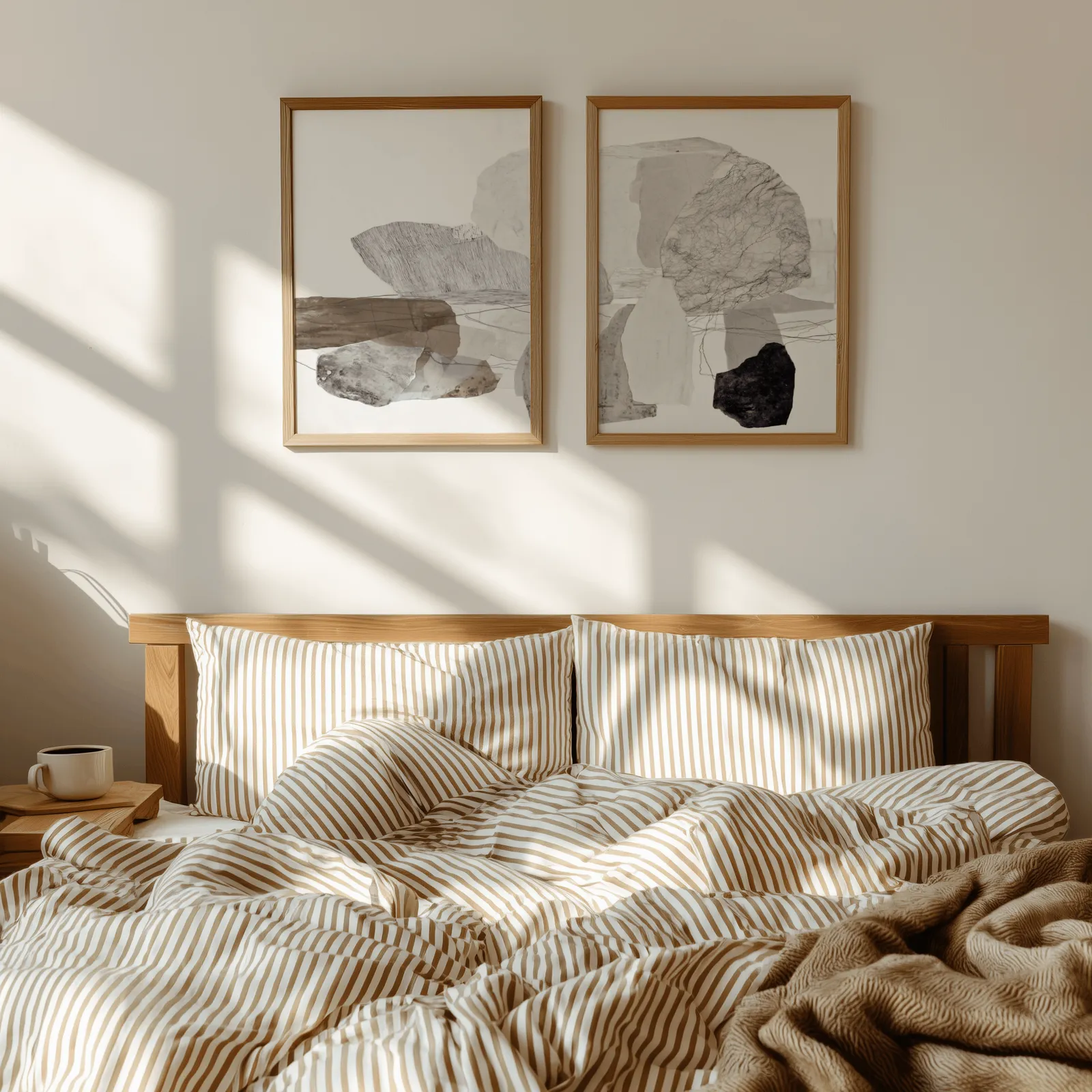 neutral abstract stone wall art set of two, above a wooden headboard with striped bedding and raking sunlight