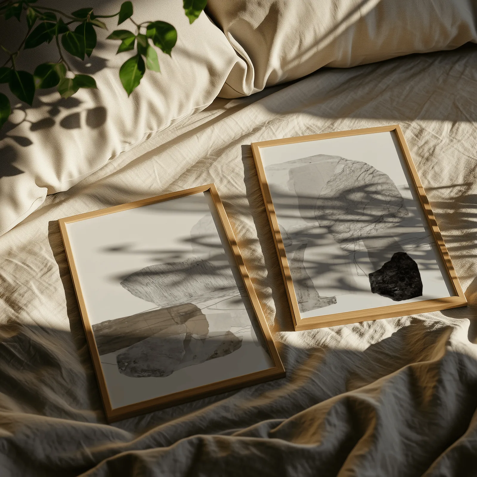 neutral abstract stone wall art set of two, resting on rumpled linen sheets with dappled leaf shadows